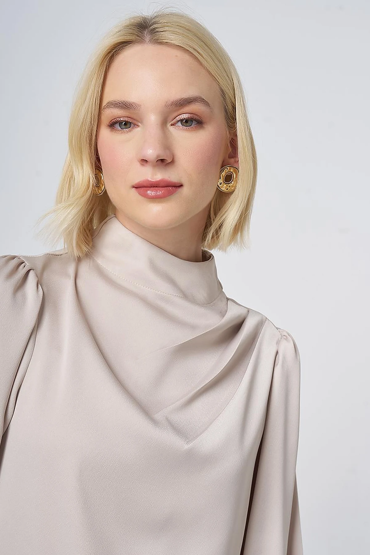 Stand Collar Satin Blouse – Stone