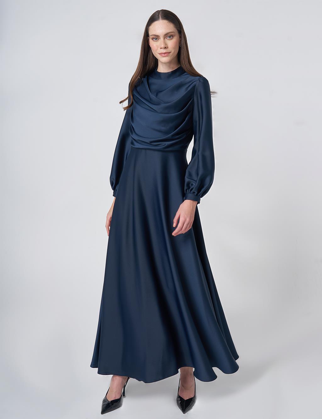 Cowl Neck Satin Dress – Dark Navy