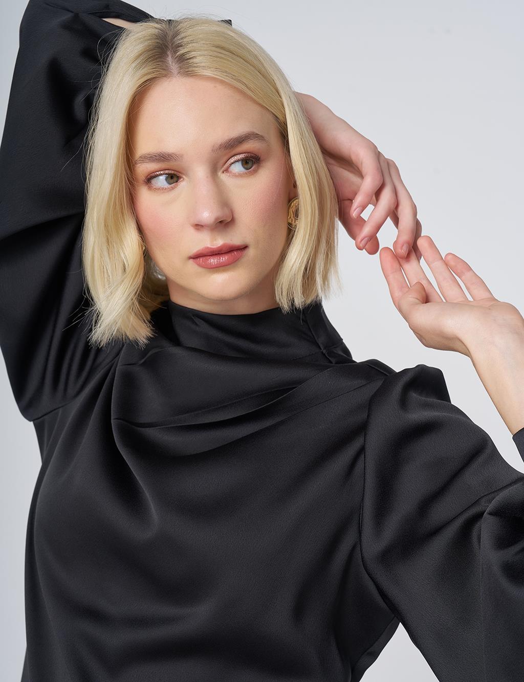 Stand Collar Satin Blouse – Black