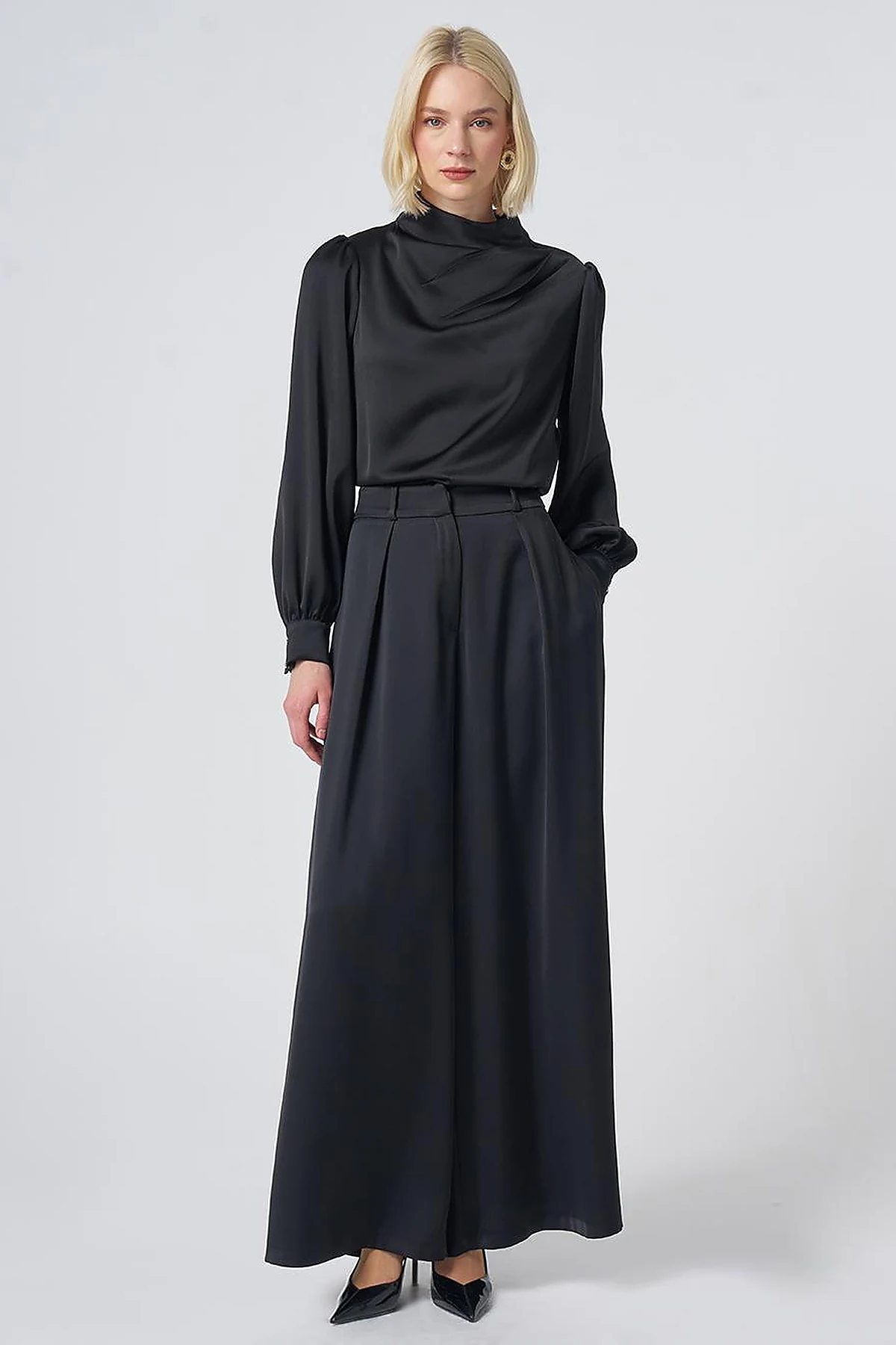 Pleated Satin Trousers – Black