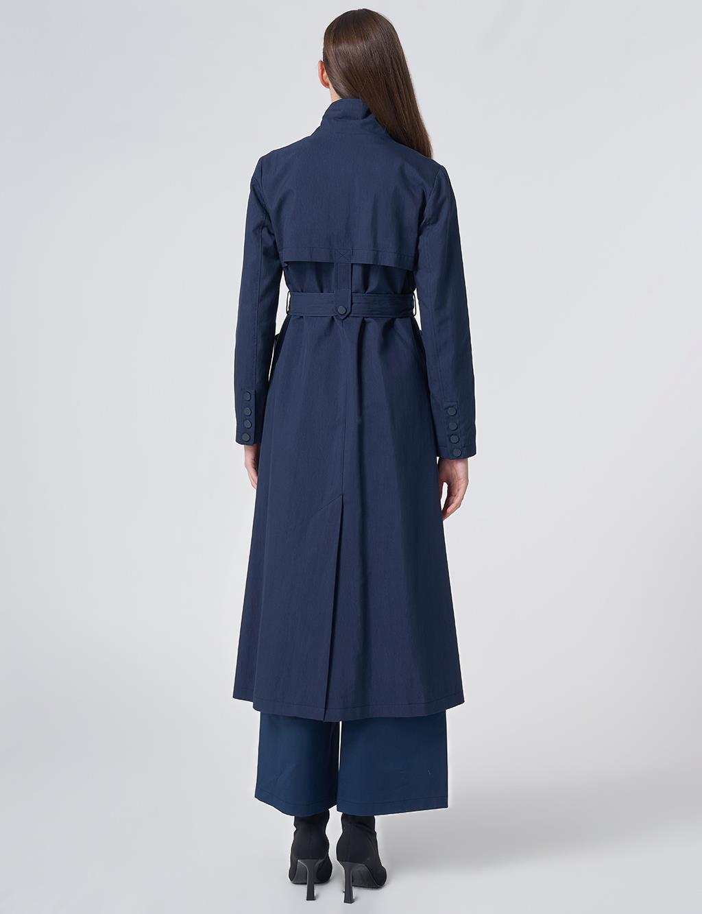 Belted Mock Neck Trench Coat – Dark Navy