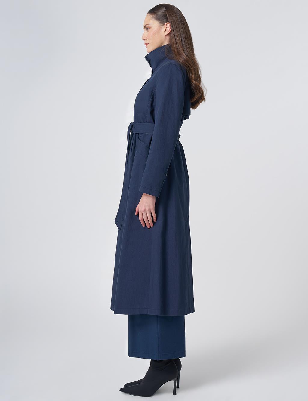 Belted Mock Neck Trench Coat – Dark Navy