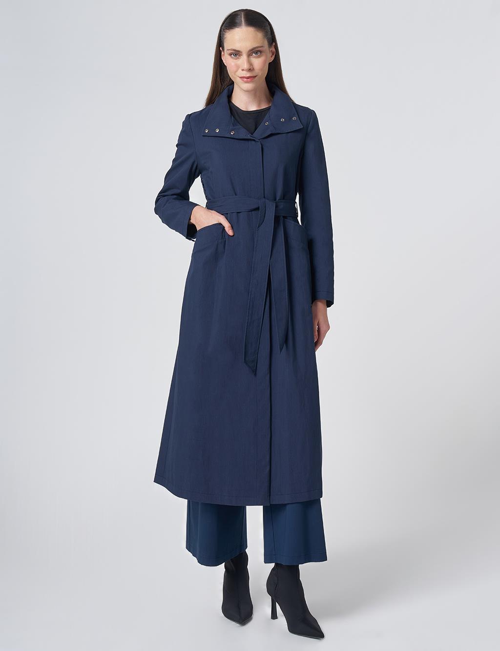 Belted Mock Neck Trench Coat – Dark Navy
