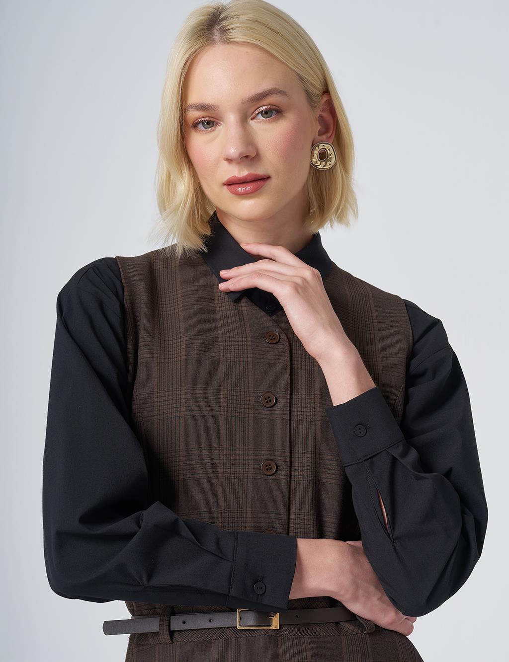 Plaid Pattern Pinafore Dress – Dark Brown