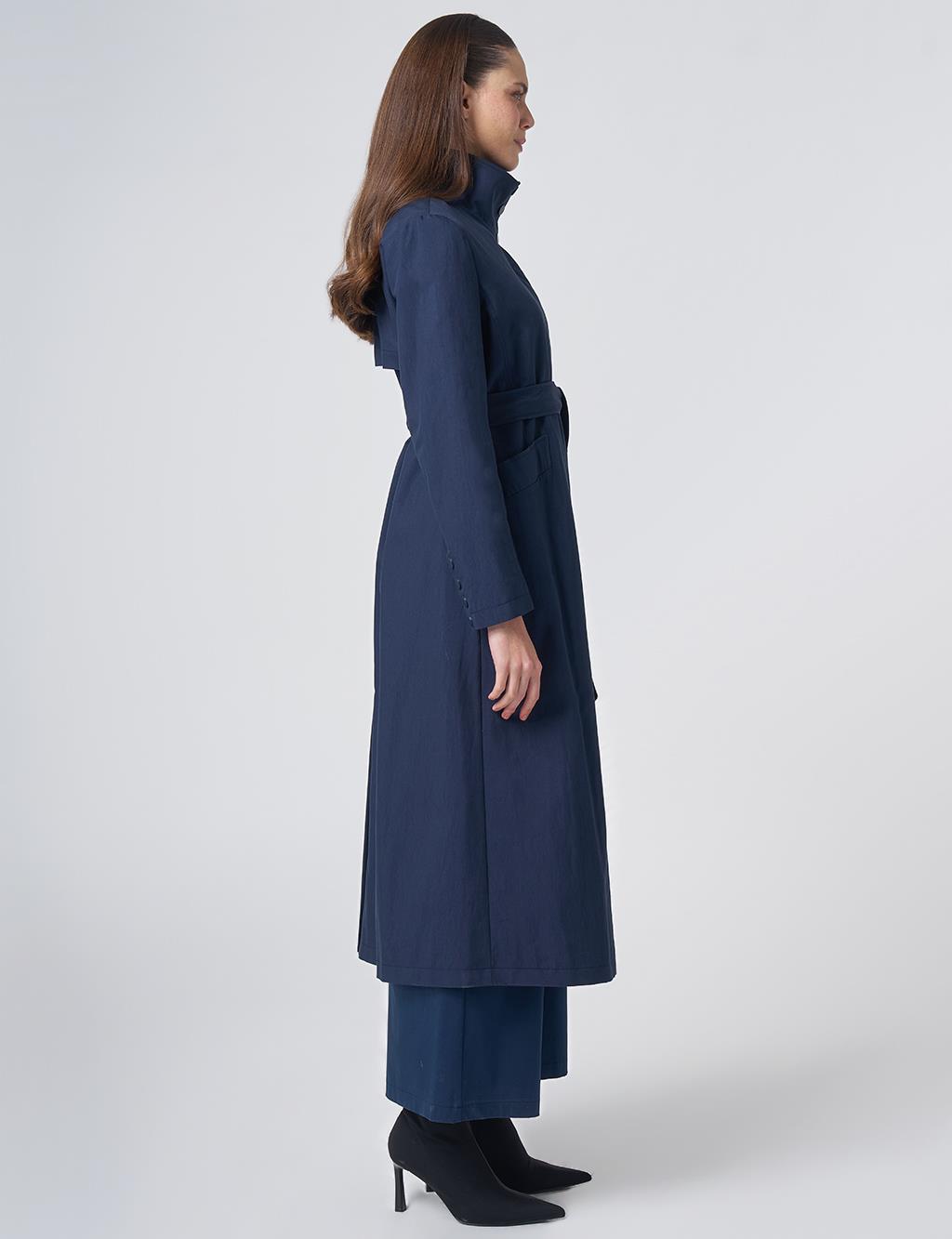 Belted Mock Neck Trench Coat – Dark Navy