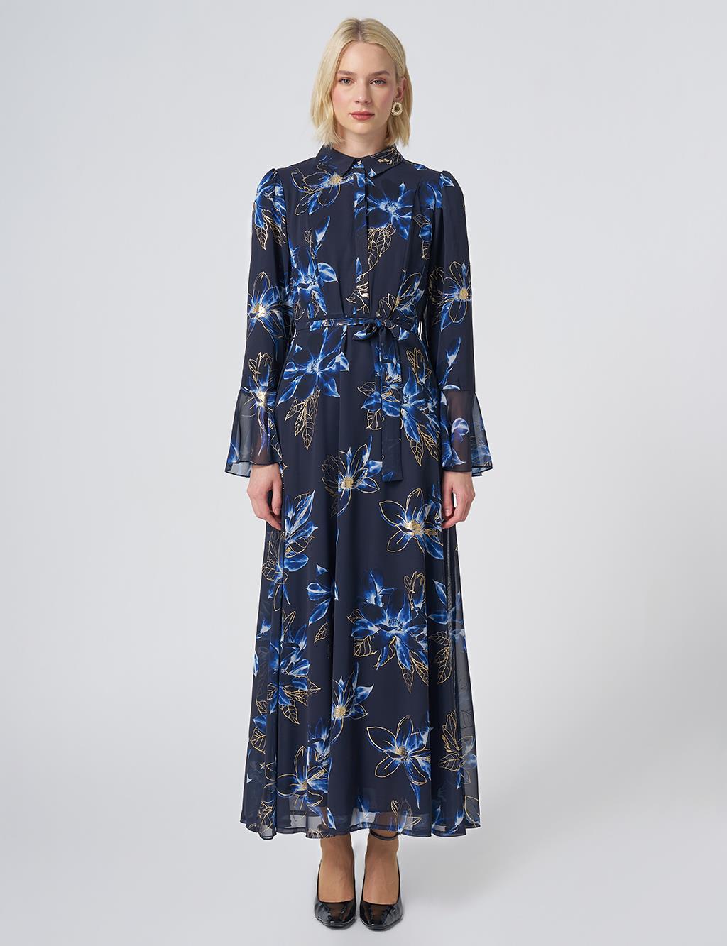 Floral Print Chiffon Dress – Dark Navy