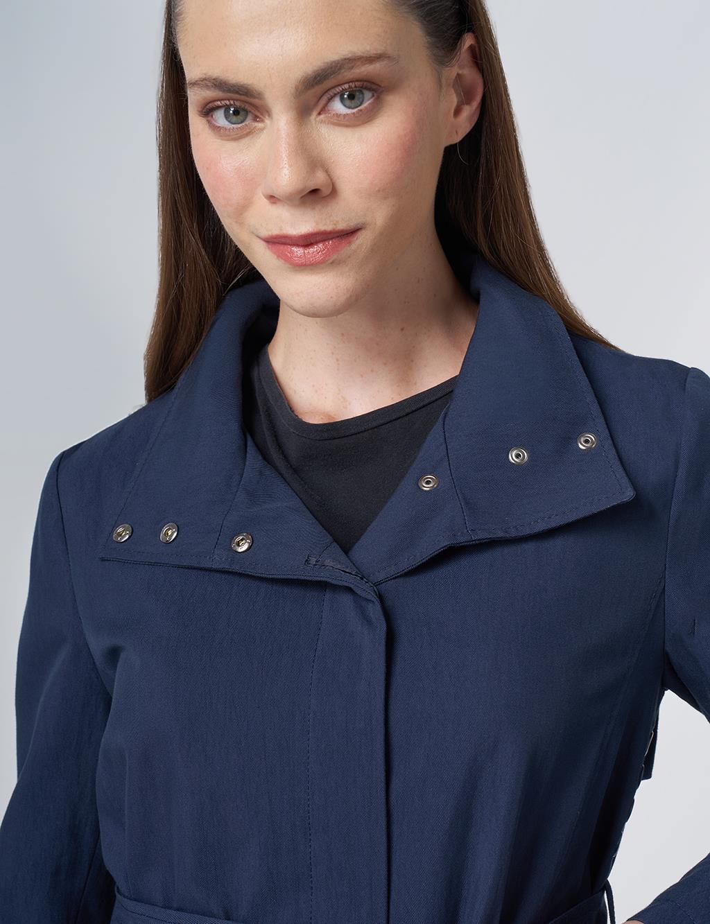 Belted Mock Neck Trench Coat – Dark Navy