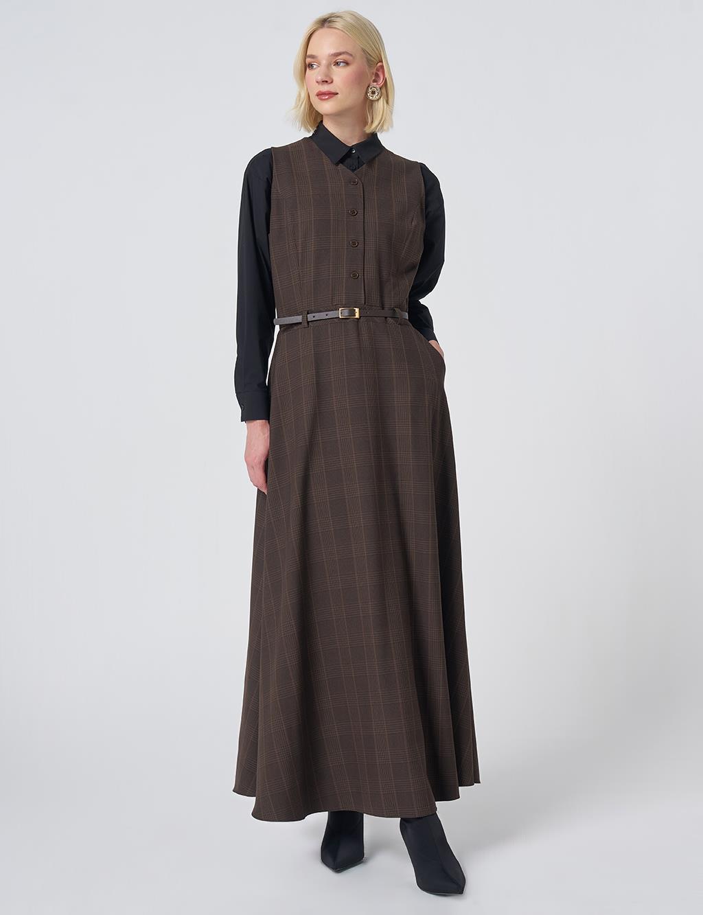 Plaid Pattern Pinafore Dress – Dark Brown