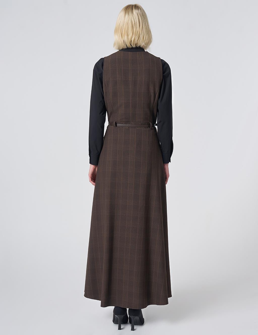 Plaid Pattern Pinafore Dress – Dark Brown