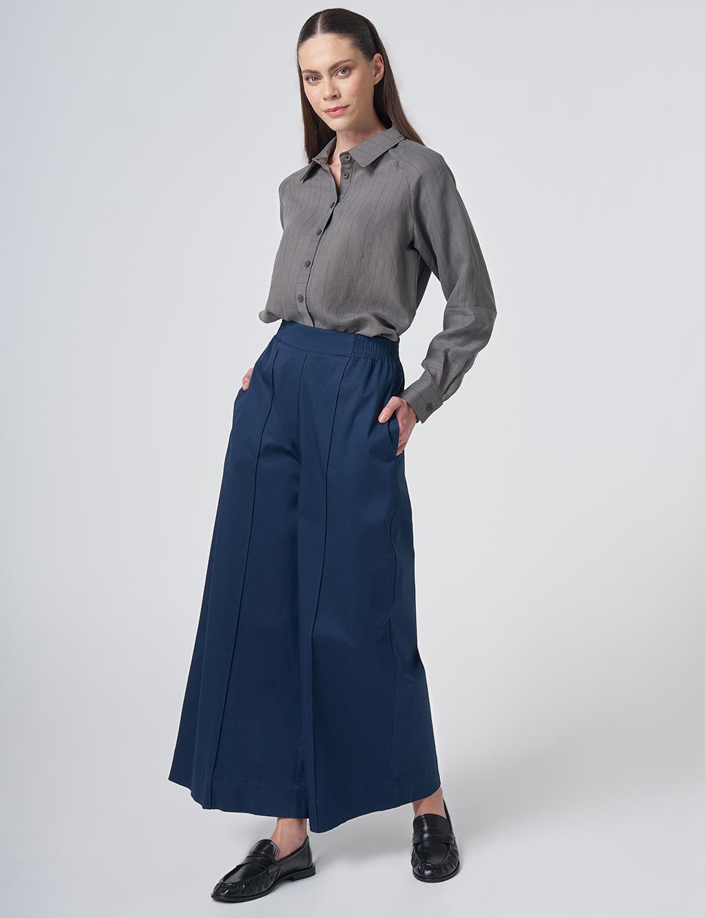 Stitch Detail Wide-Leg Trousers – Dark Navy