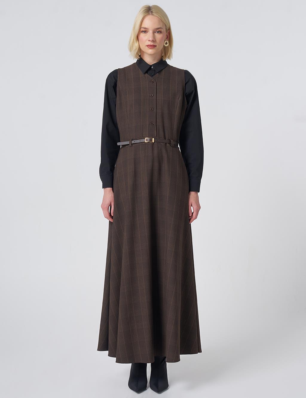 Plaid Pattern Pinafore Dress – Dark Brown