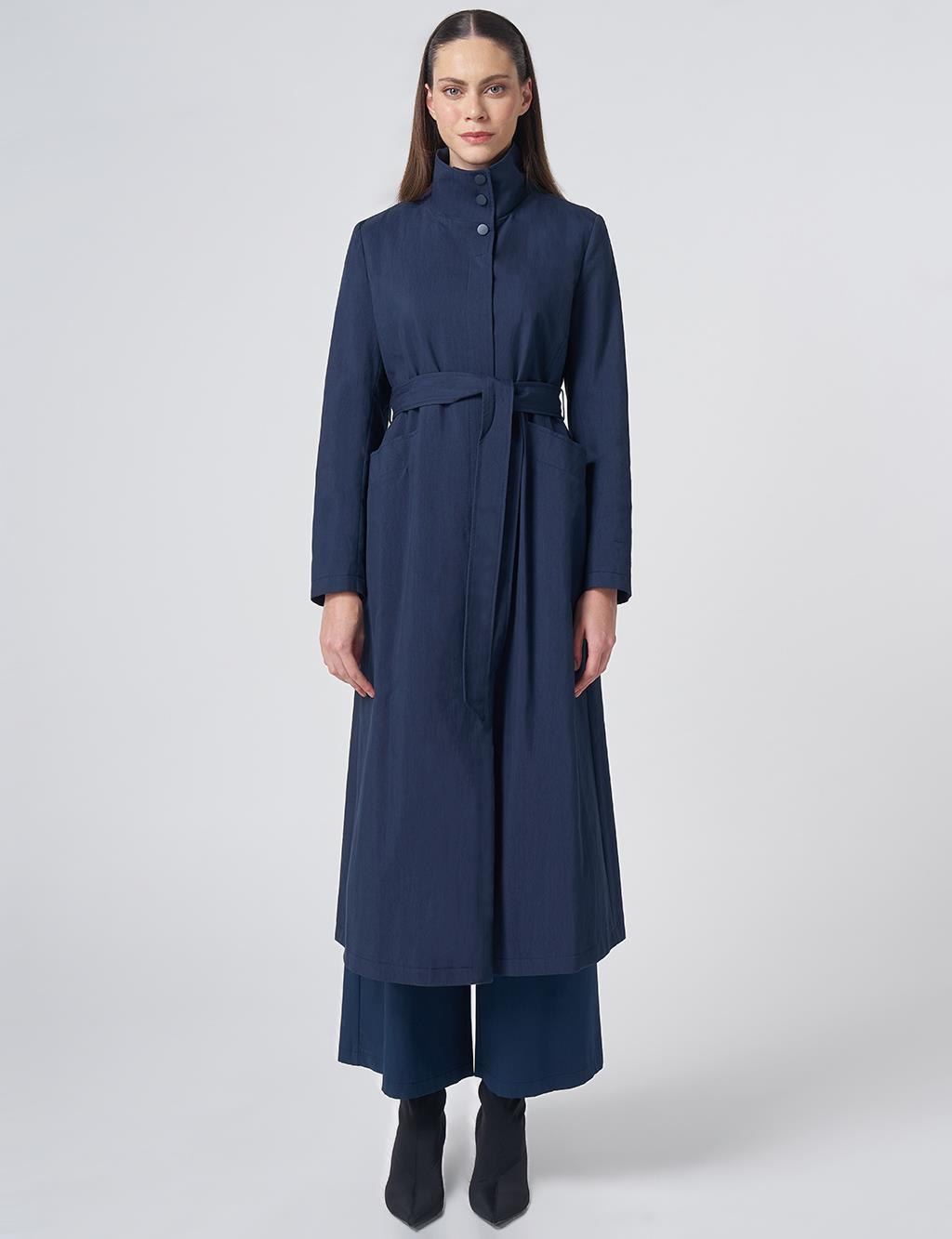 Belted Mock Neck Trench Coat – Dark Navy