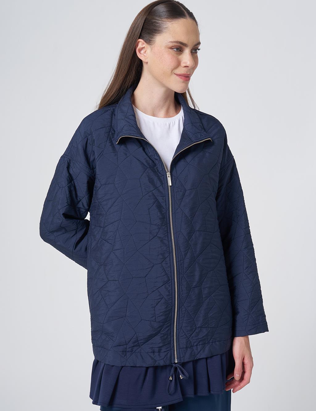 Ruffle Detail Quilted Jacket – Dark Navy