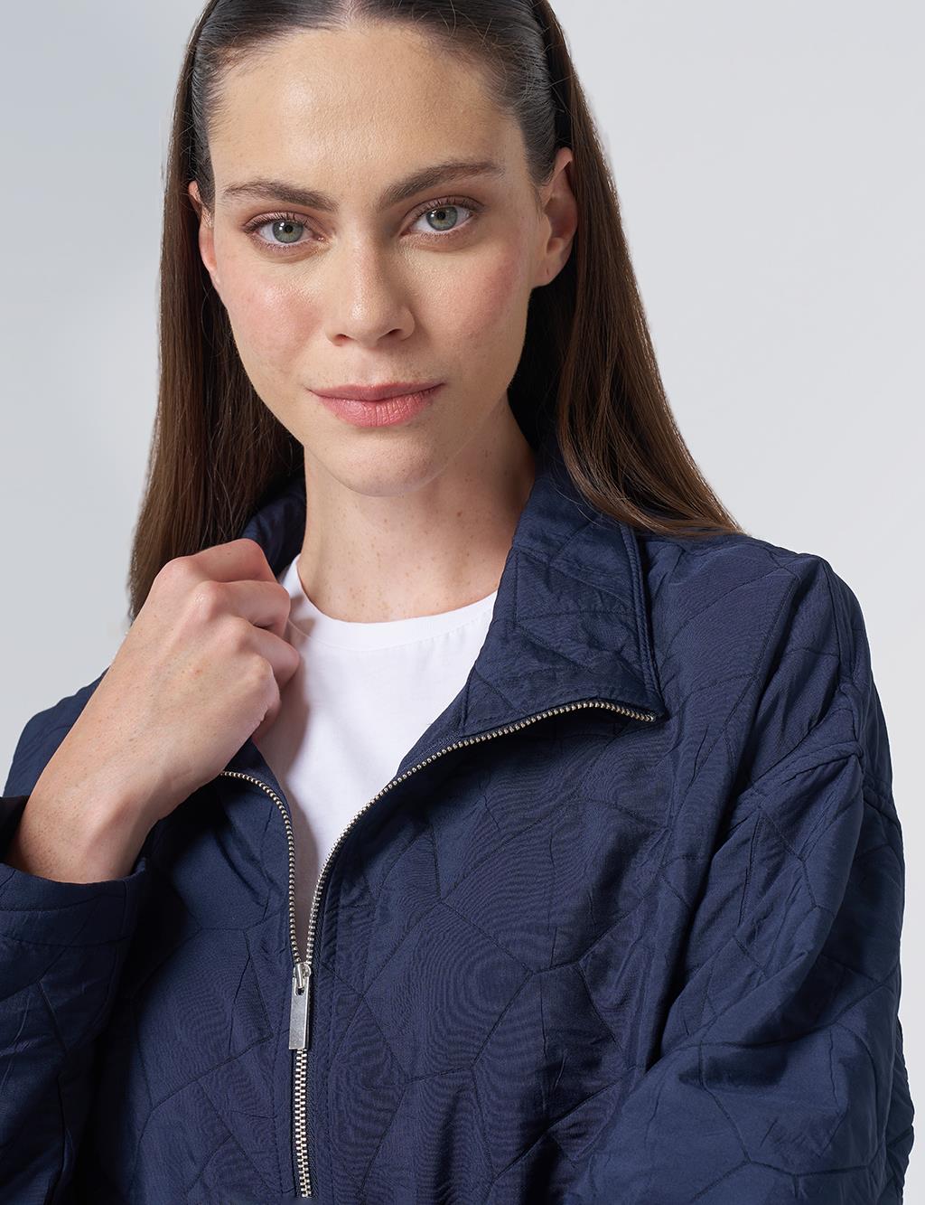 Ruffle Detail Quilted Jacket – Dark Navy