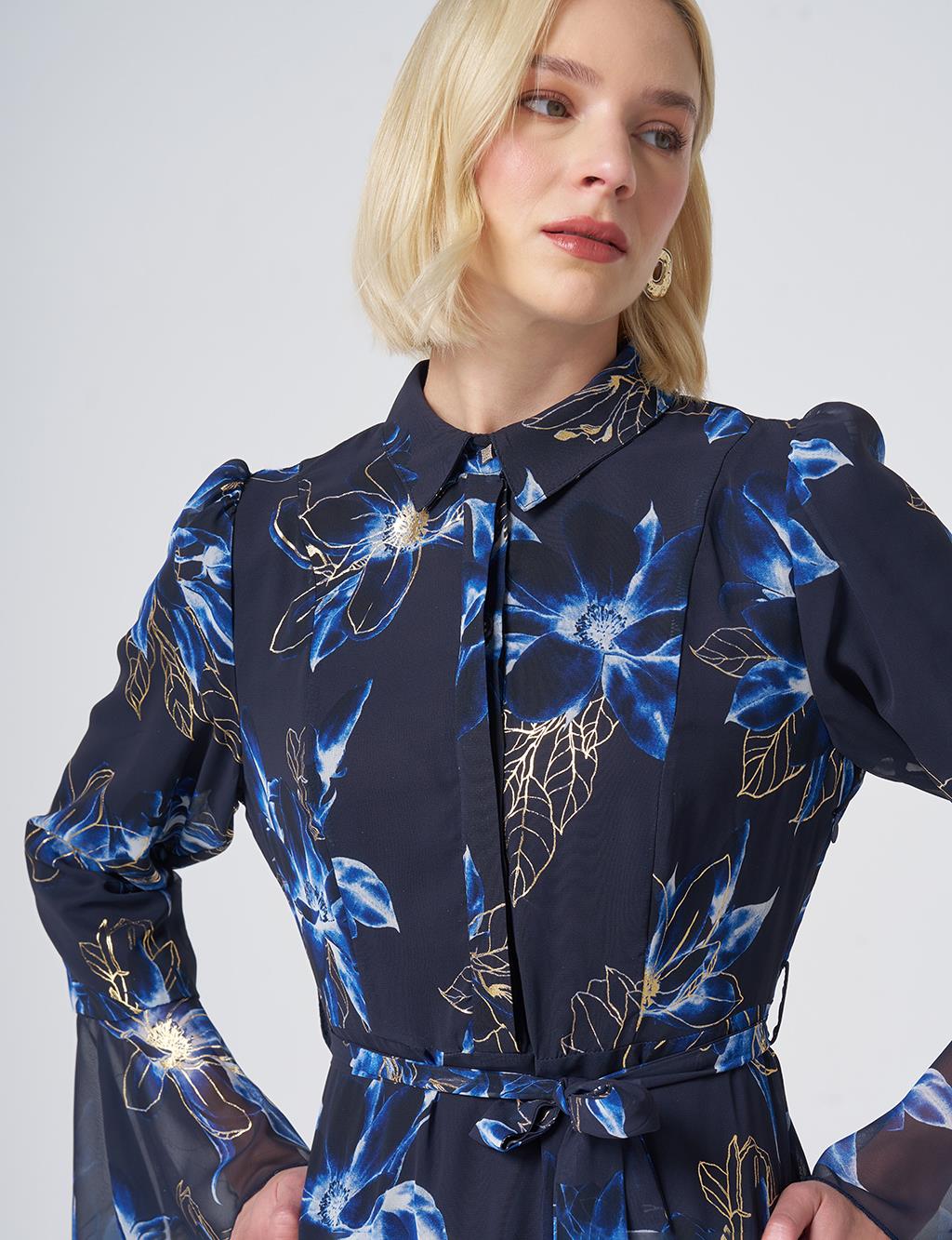 Floral Print Chiffon Dress – Dark Navy