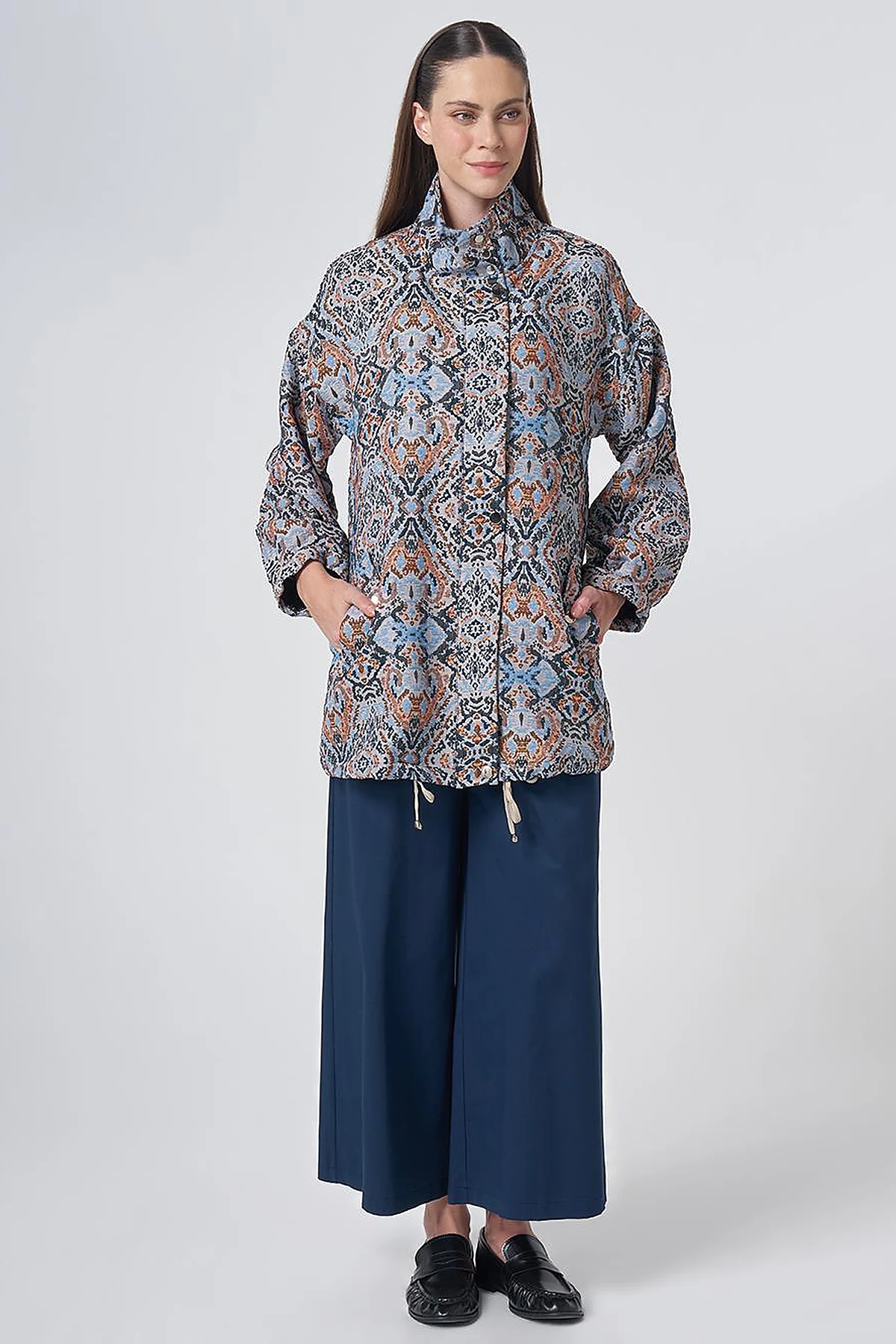 Ethnic Pattern Stand Collar Jacket – Indigo