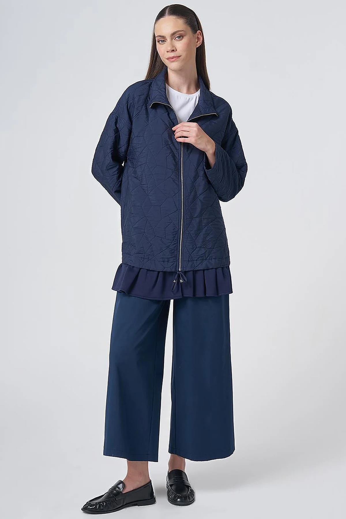 Ruffle Detail Quilted Jacket – Navy