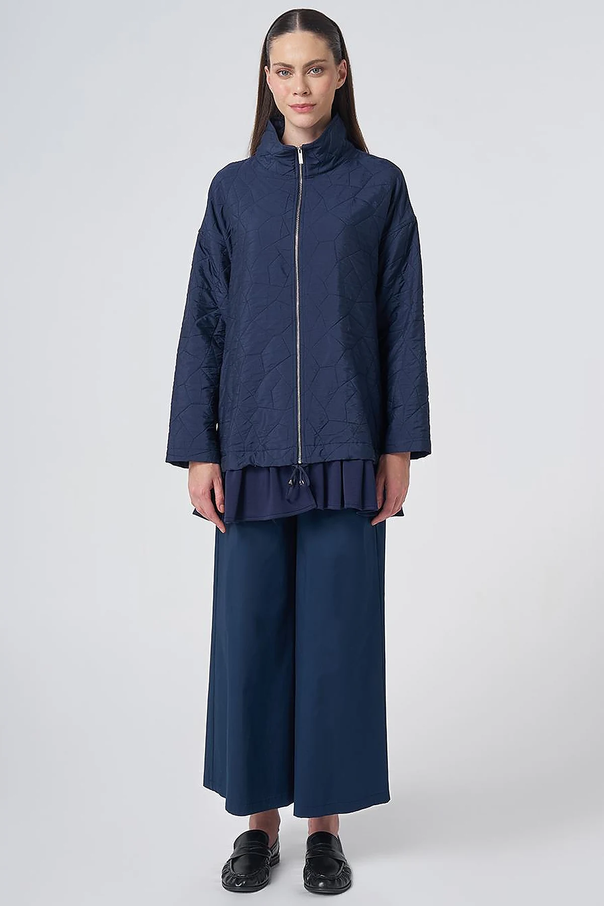 Ruffle Detail Quilted Jacket – Navy