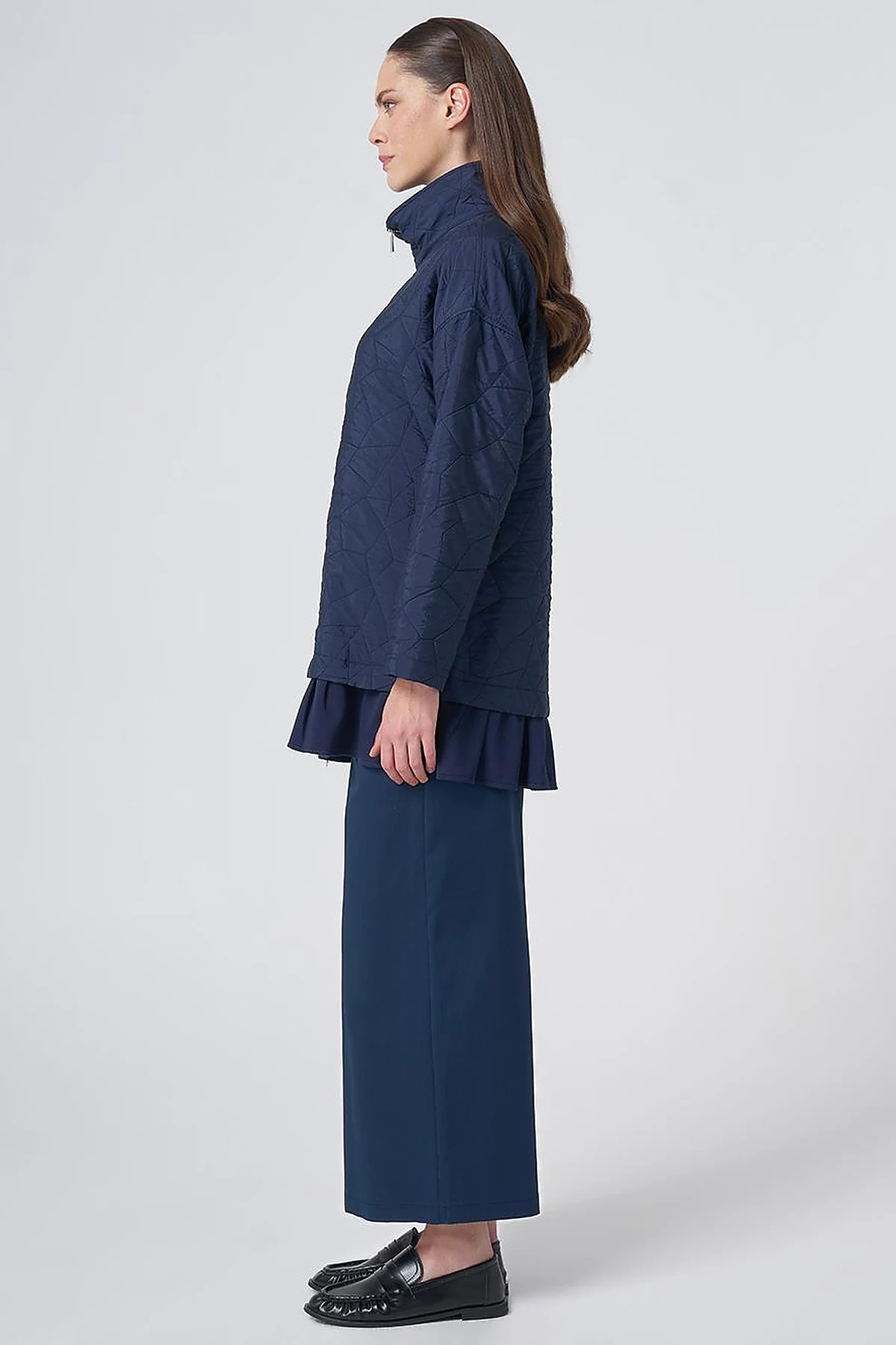 Ruffle Detail Quilted Jacket – Navy