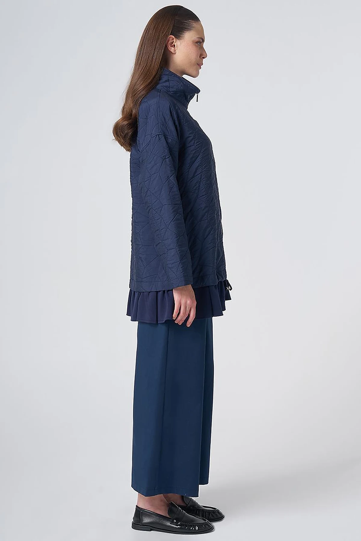 Ruffle Detail Quilted Jacket – Navy