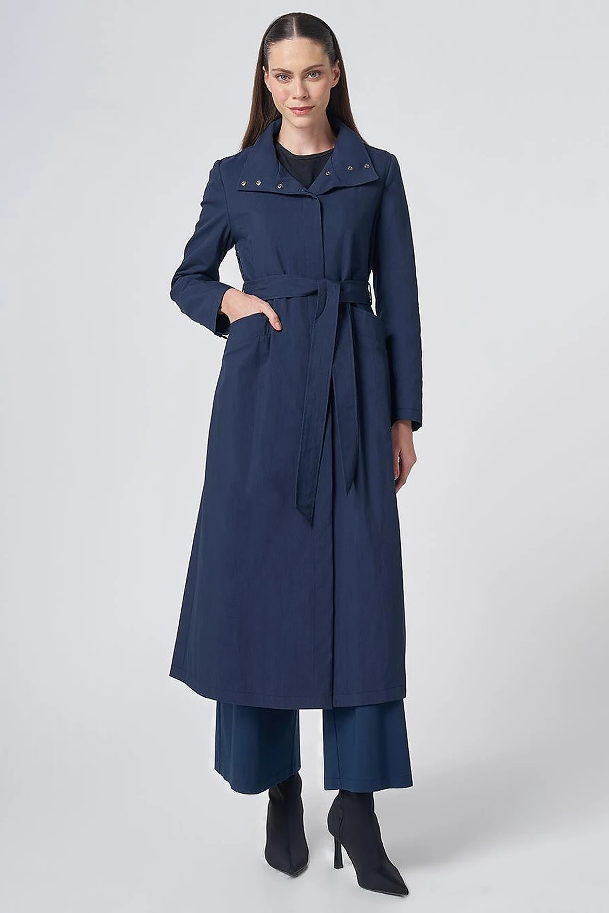 Belted Stand Collar Trench Coat – Dark Navy