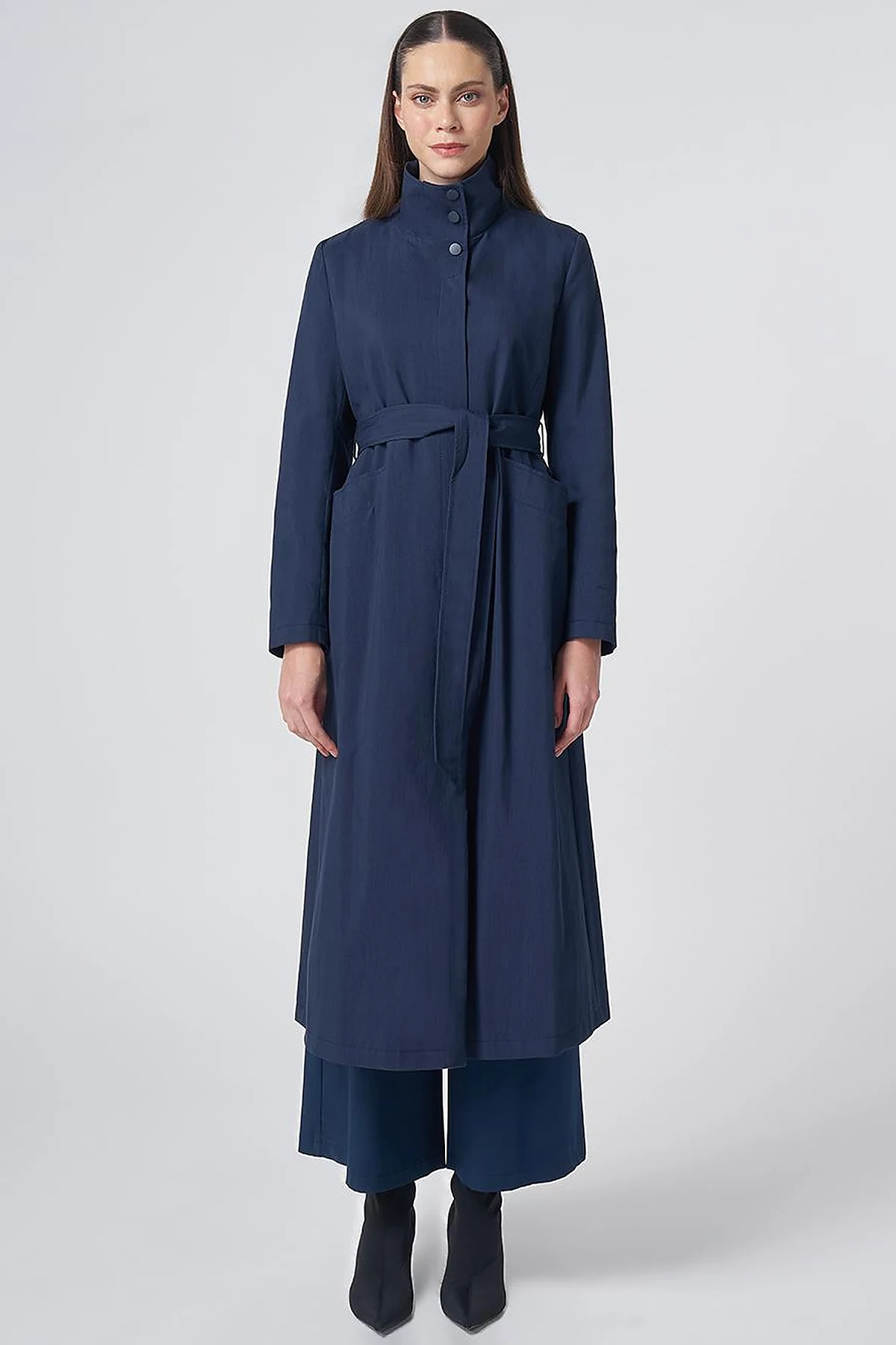 Belted Stand Collar Trench Coat – Dark Navy