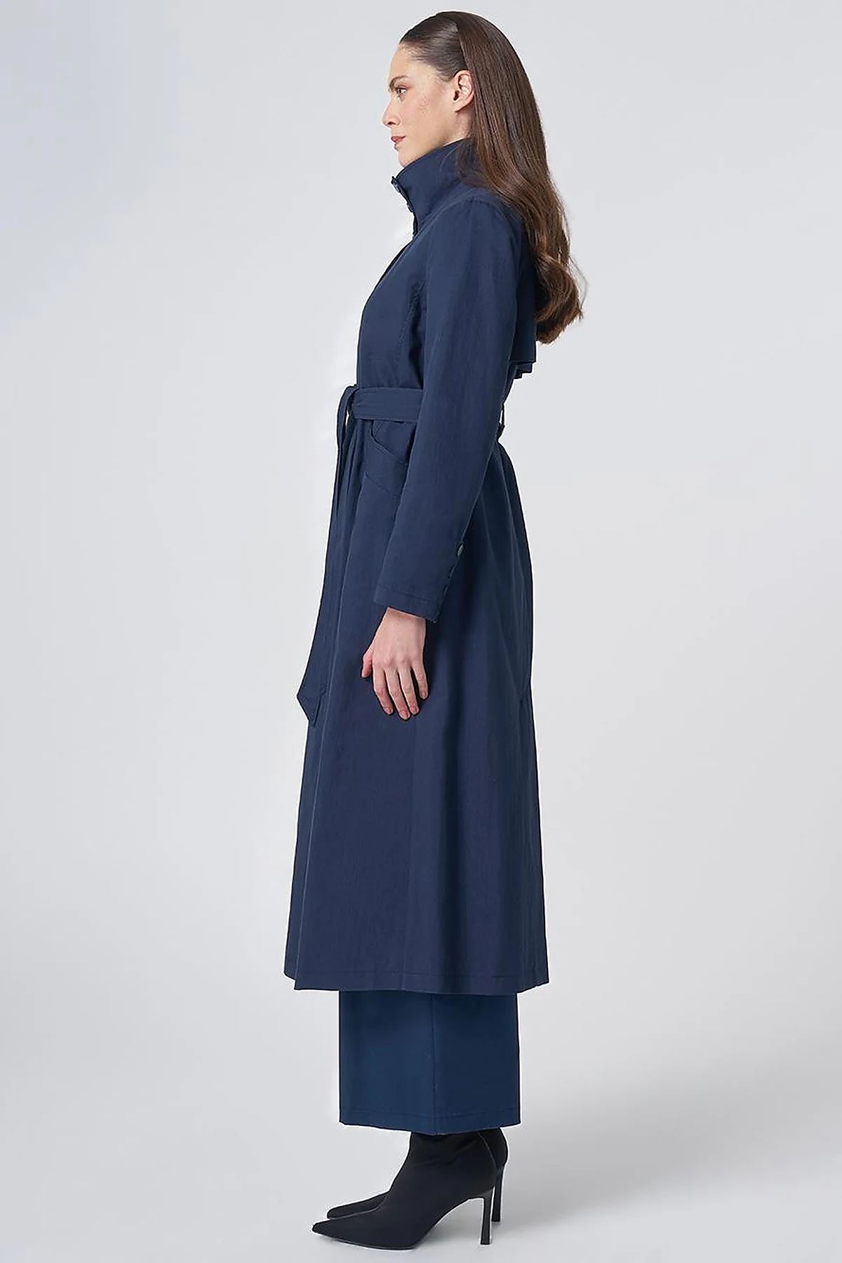 Belted Stand Collar Trench Coat – Dark Navy