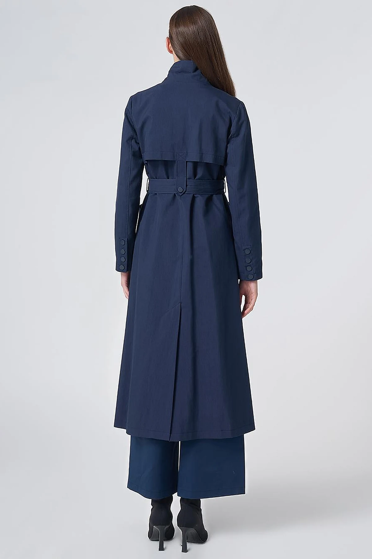 Belted Stand Collar Trench Coat – Dark Navy