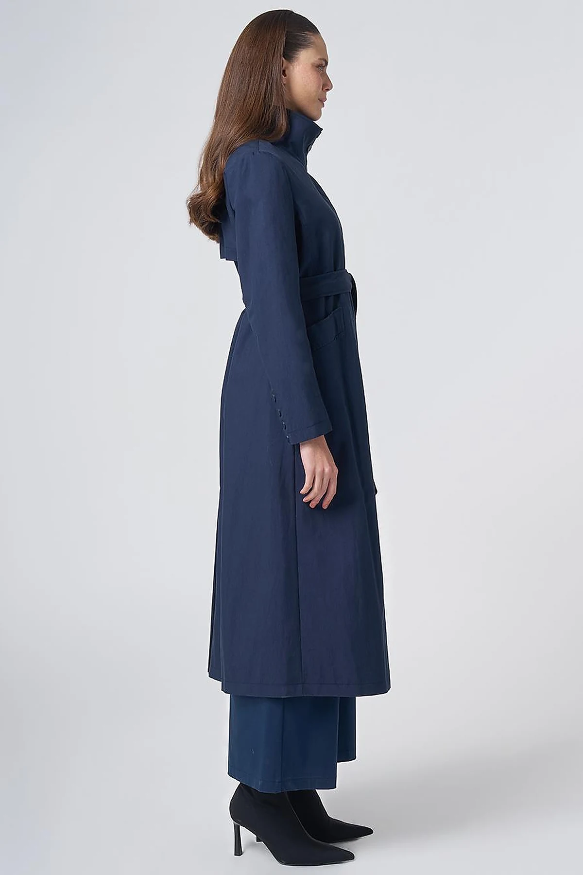 Belted Stand Collar Trench Coat – Dark Navy