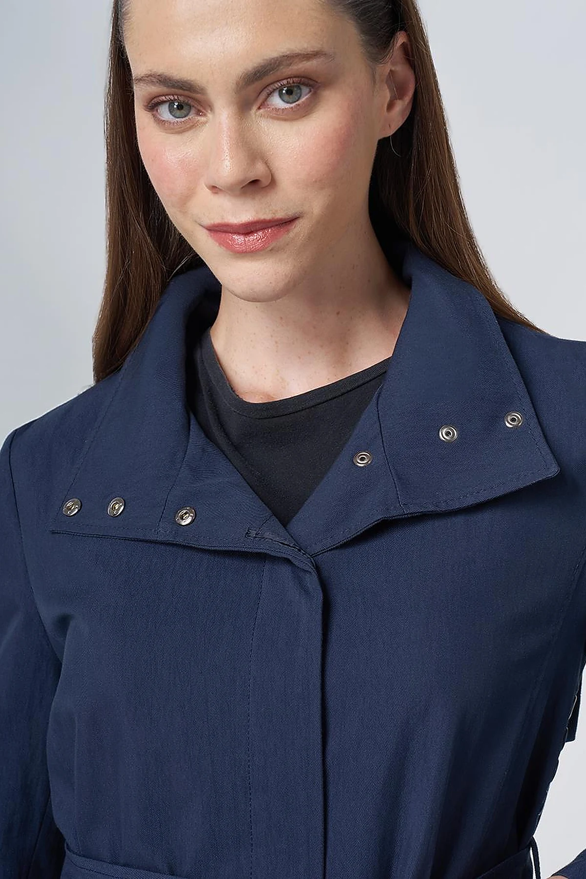 Belted Stand Collar Trench Coat – Dark Navy
