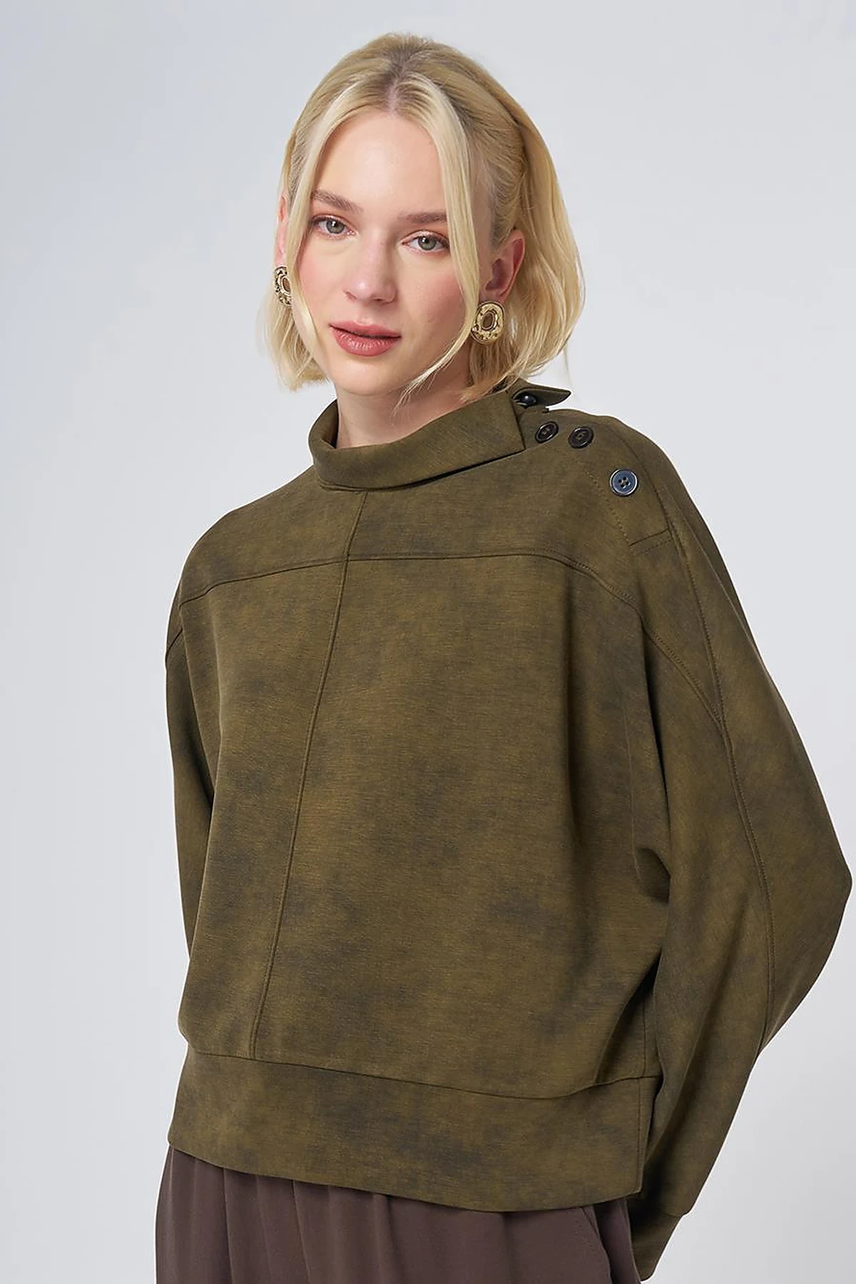 Button-Shoulder Mock Neck Blouse – Khaki