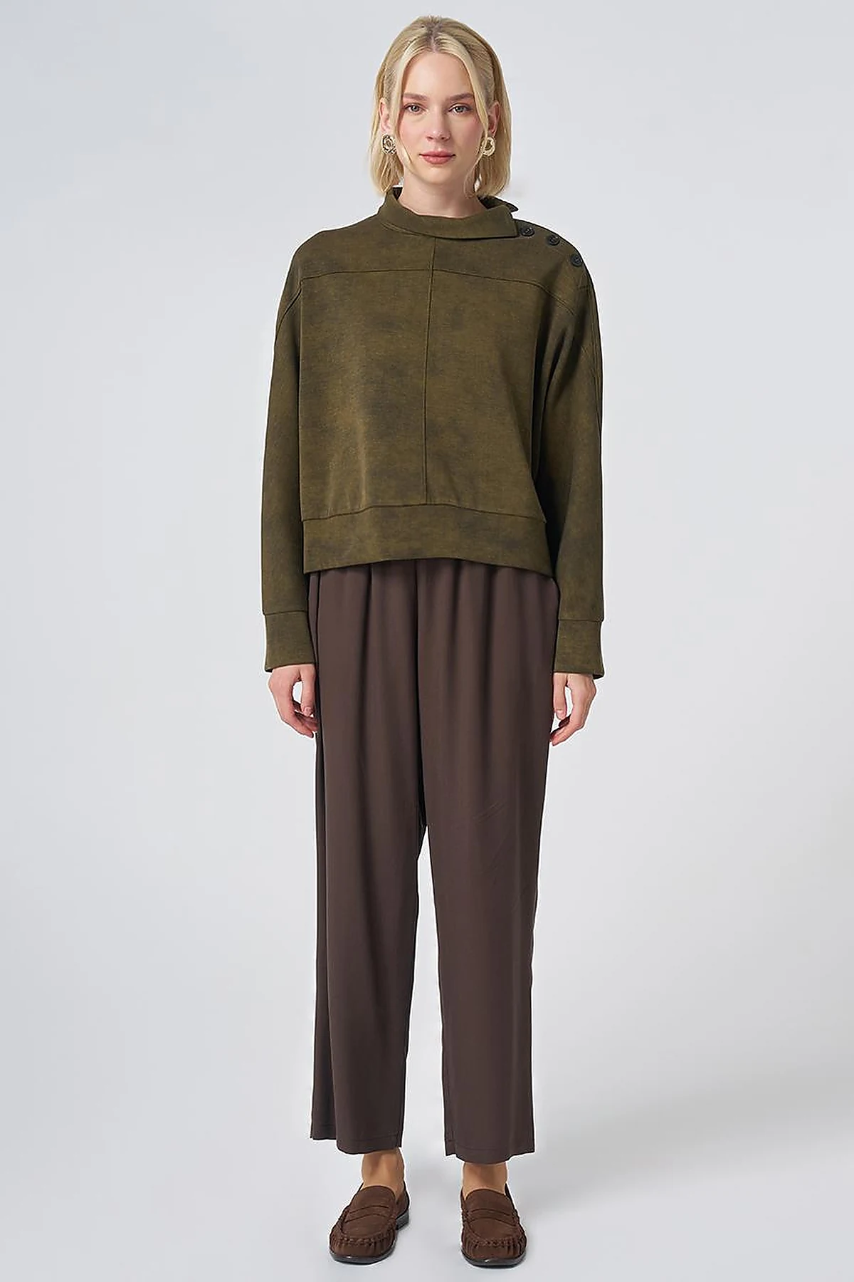 Button-Shoulder Mock Neck Blouse – Khaki