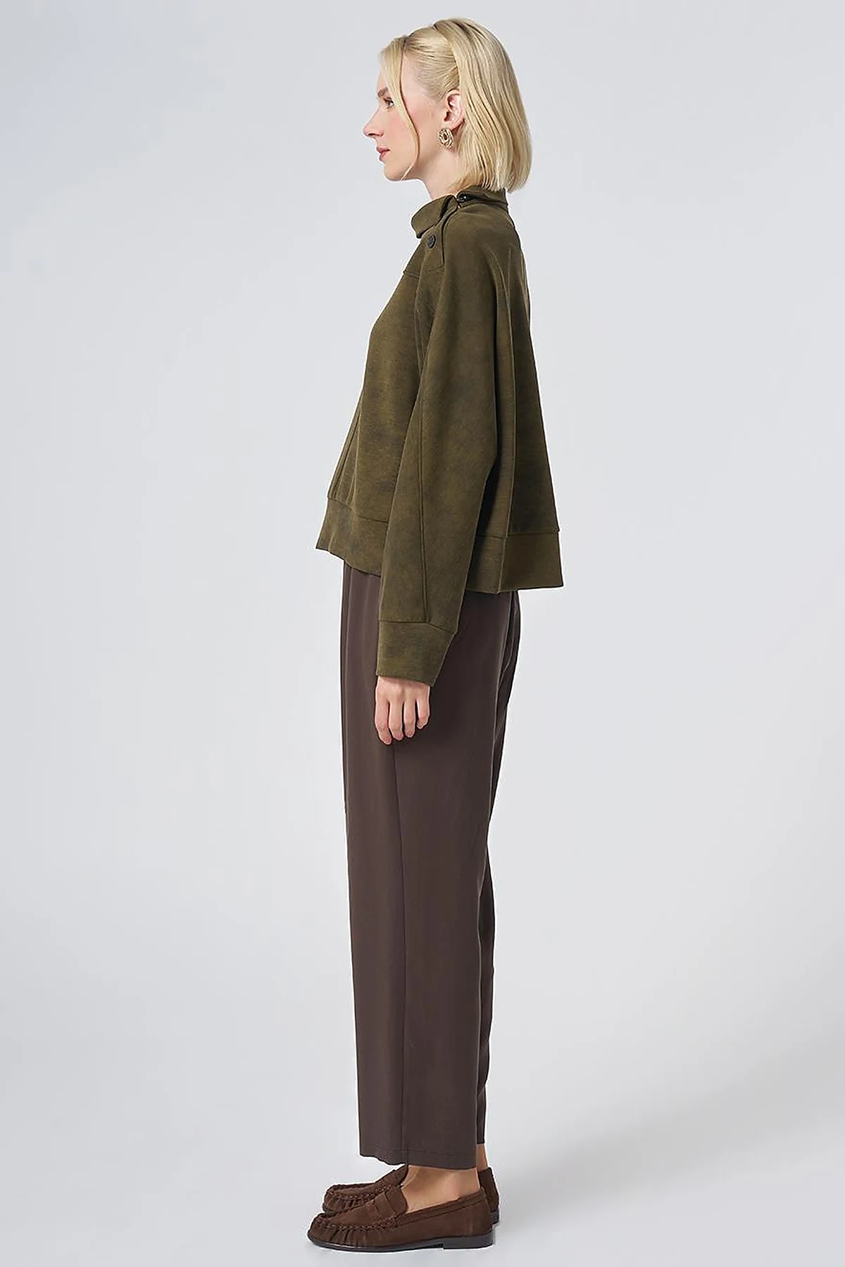 Button-Shoulder Mock Neck Blouse – Khaki
