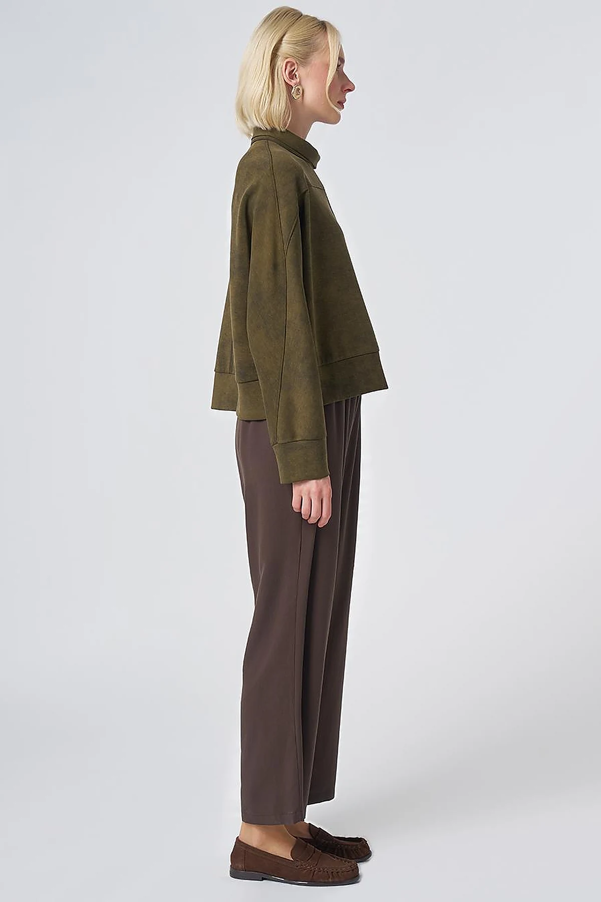 Button-Shoulder Mock Neck Blouse – Khaki