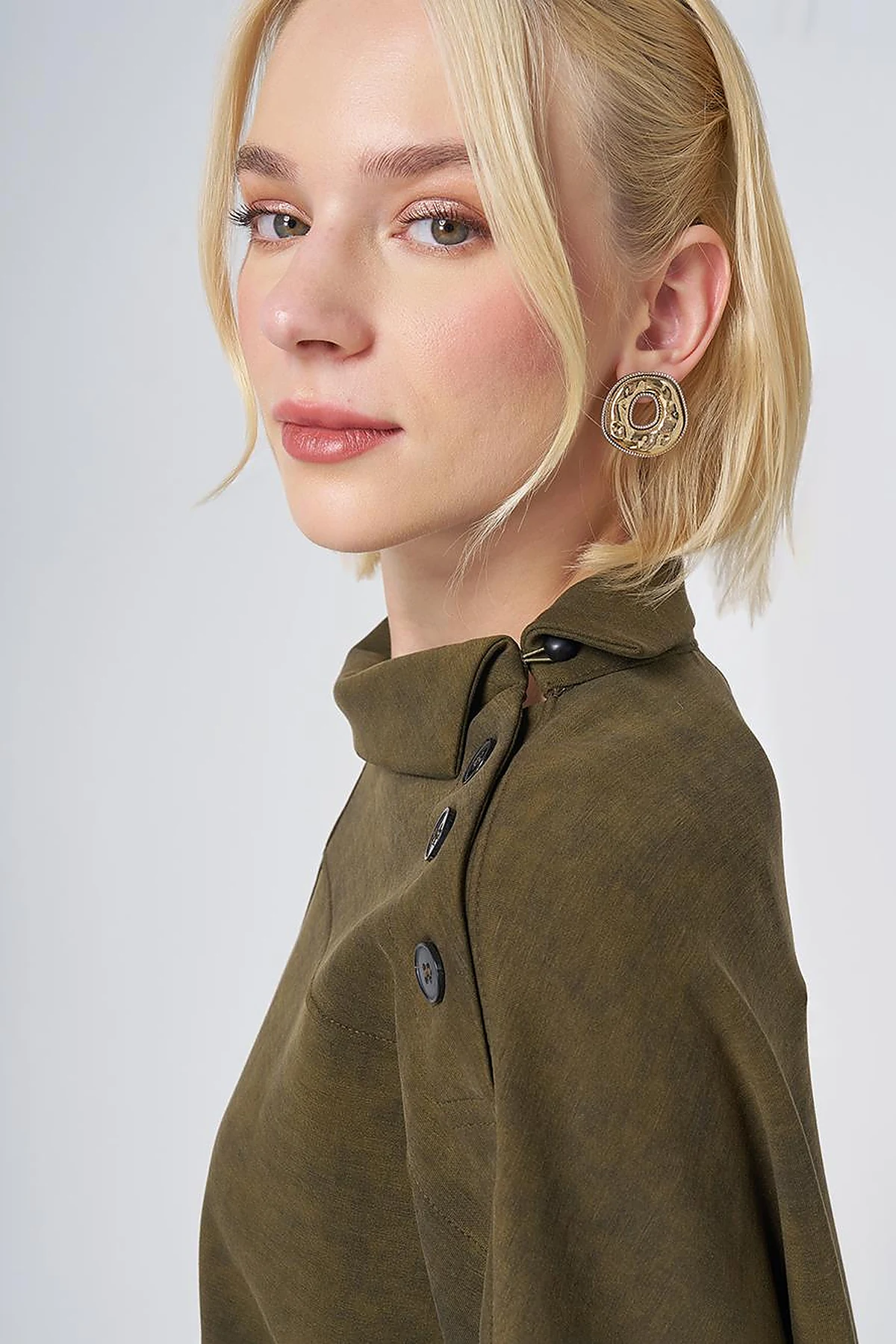 Button-Shoulder Mock Neck Blouse – Khaki