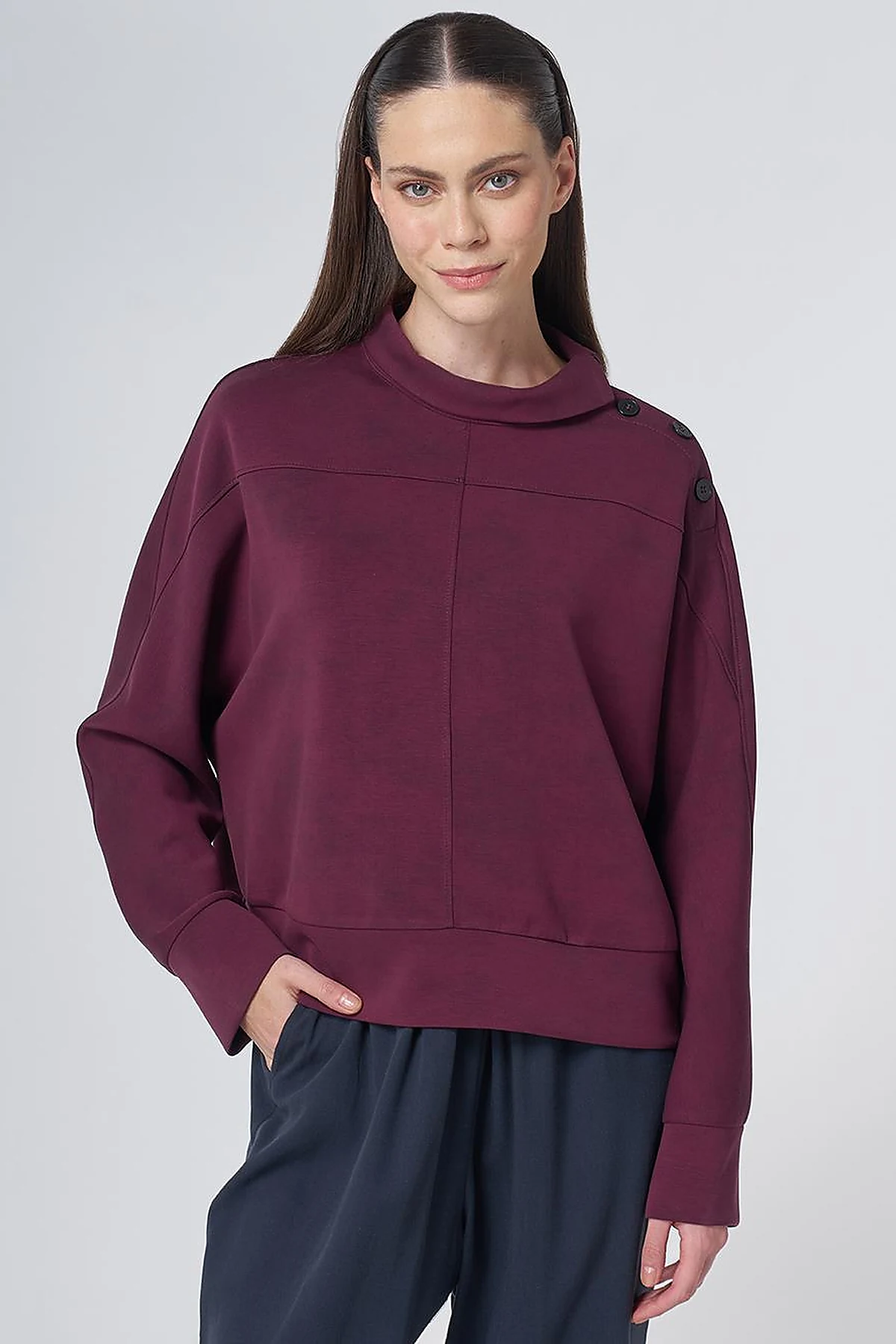 Button-Shoulder Mock Neck Blouse –Burgundy