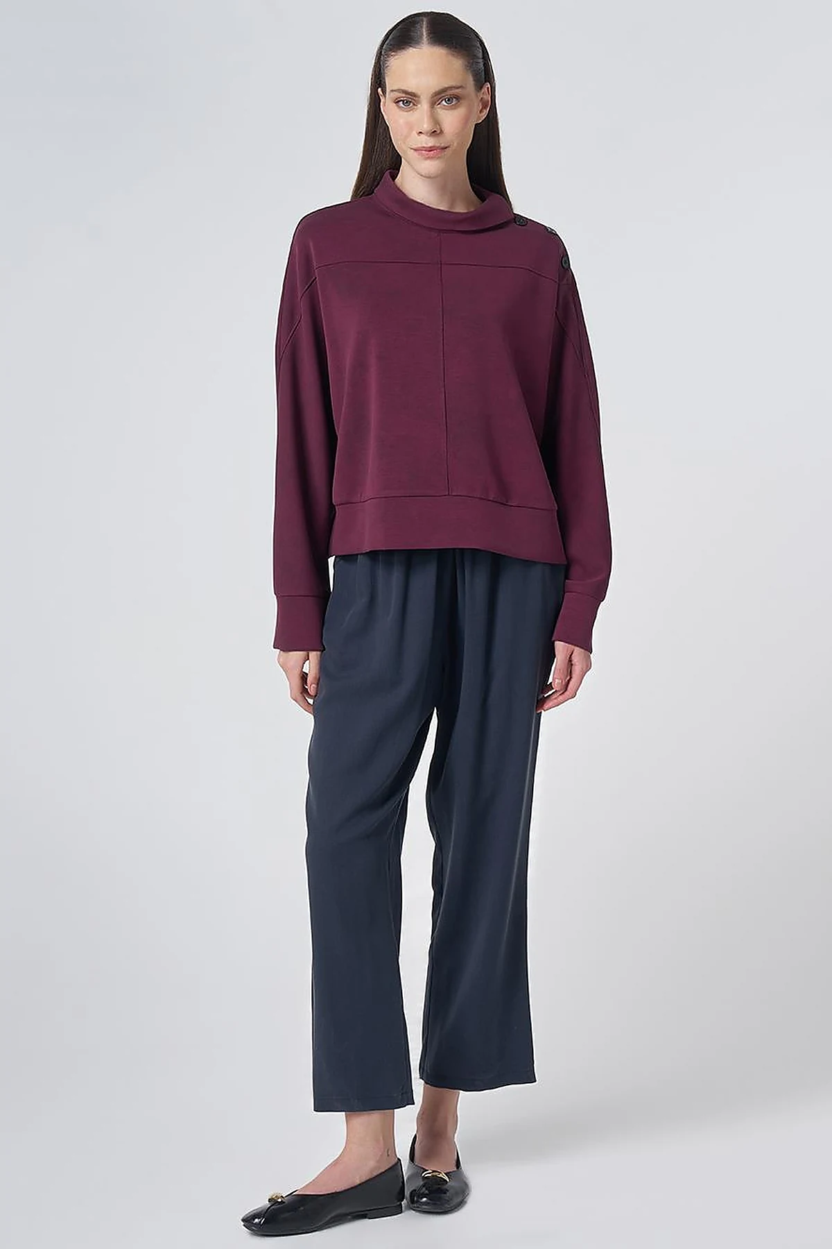 Button-Shoulder Mock Neck Blouse –Burgundy