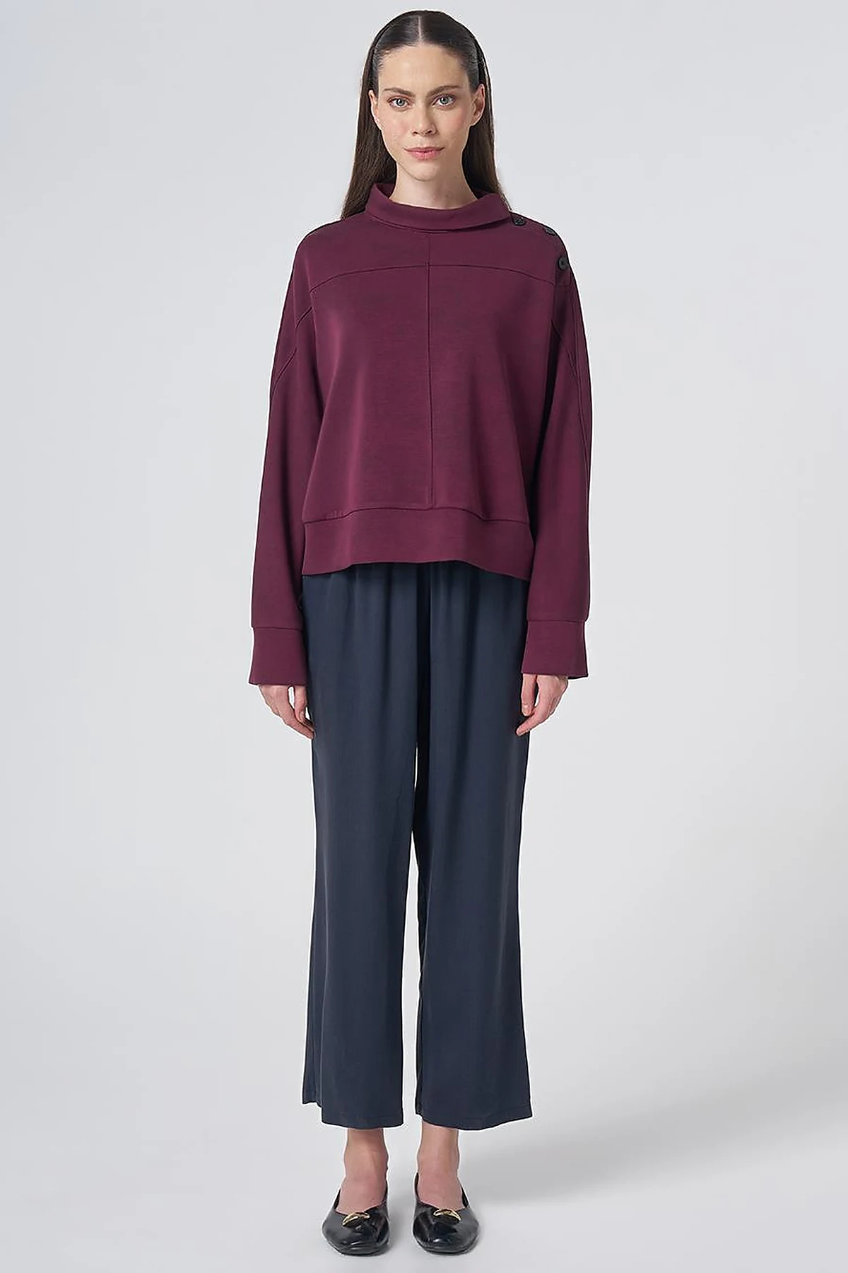 Button-Shoulder Mock Neck Blouse –Burgundy