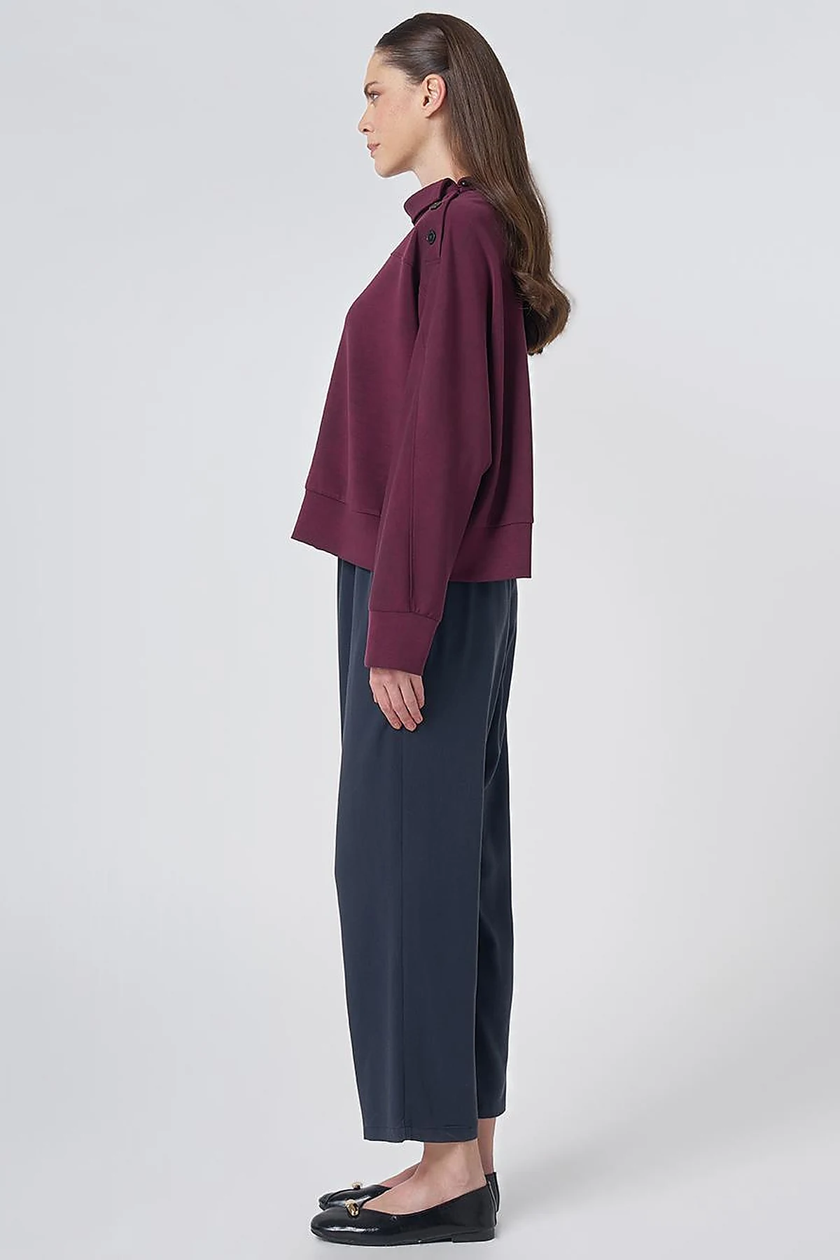 Button-Shoulder Mock Neck Blouse –Burgundy