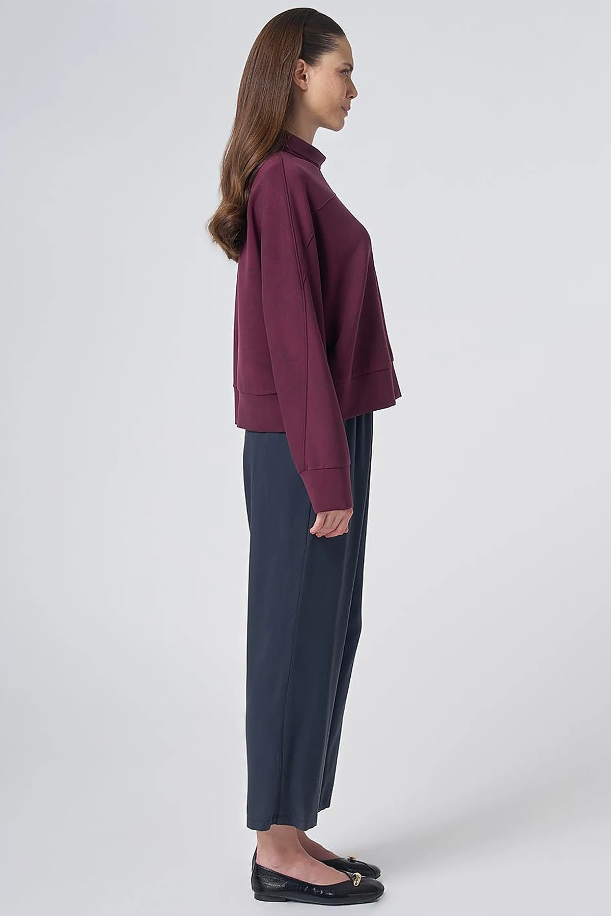 Button-Shoulder Mock Neck Blouse –Burgundy