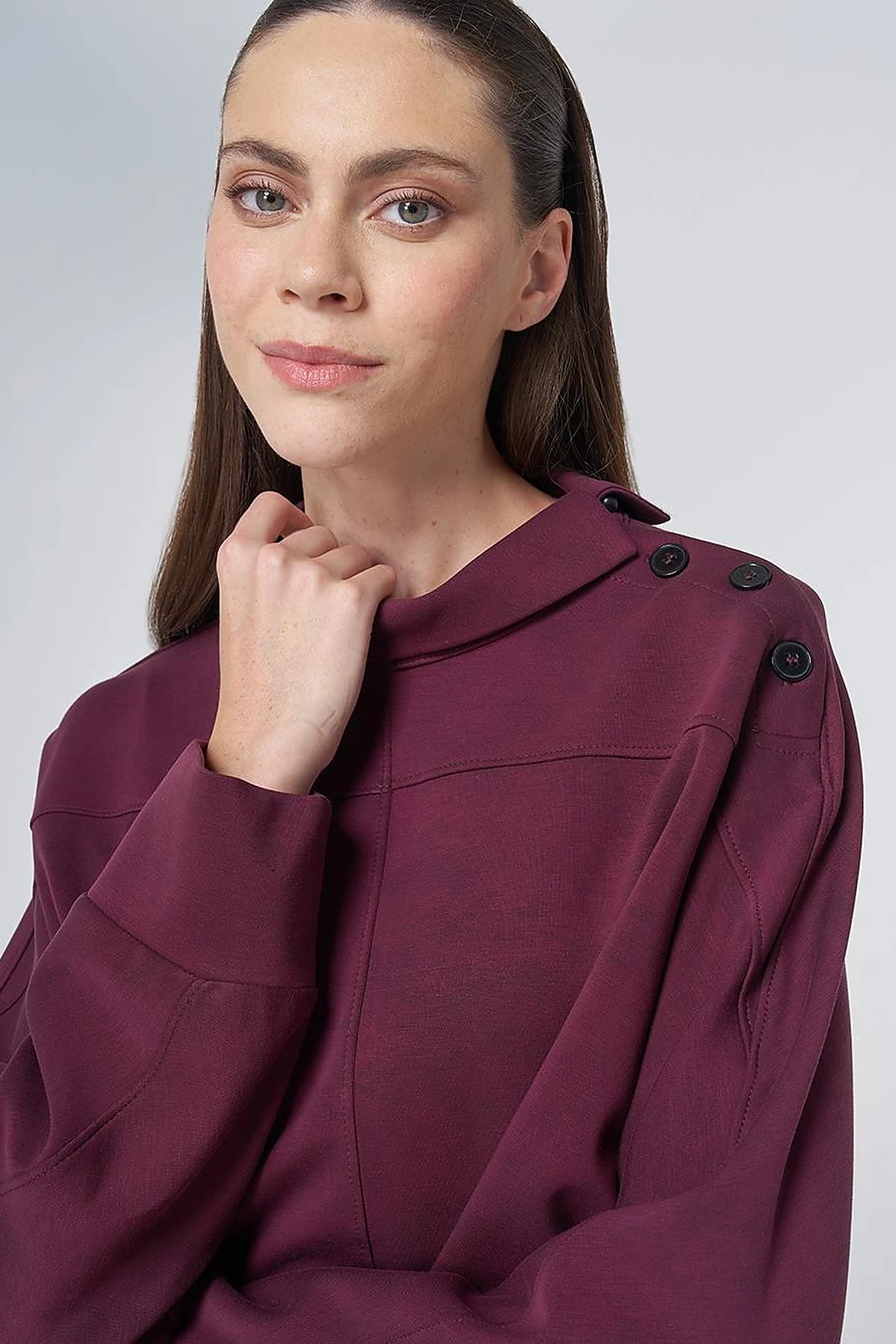 Button-Shoulder Mock Neck Blouse –Burgundy