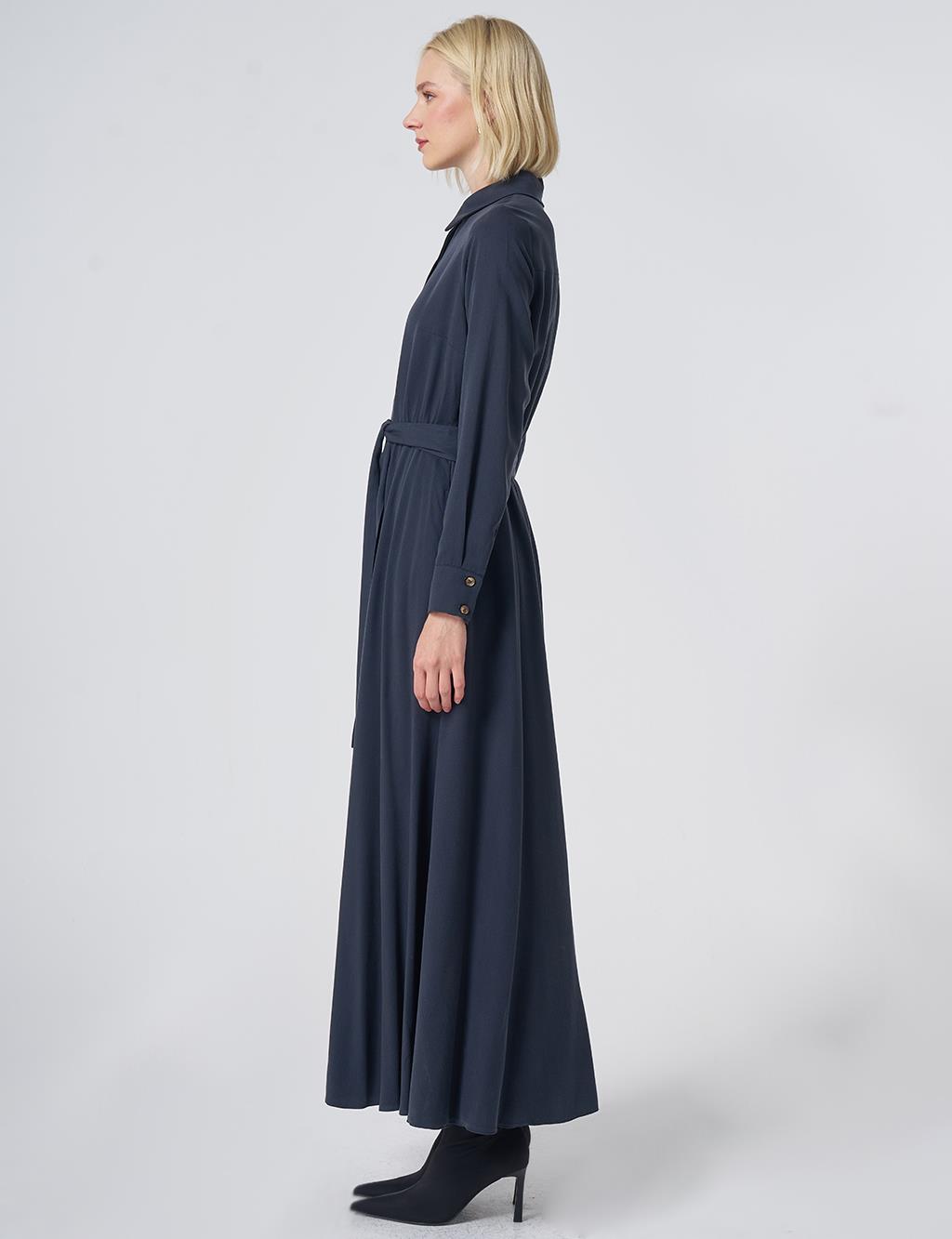 100% Lyocell Shirt-Collar Dress – Dark Navy