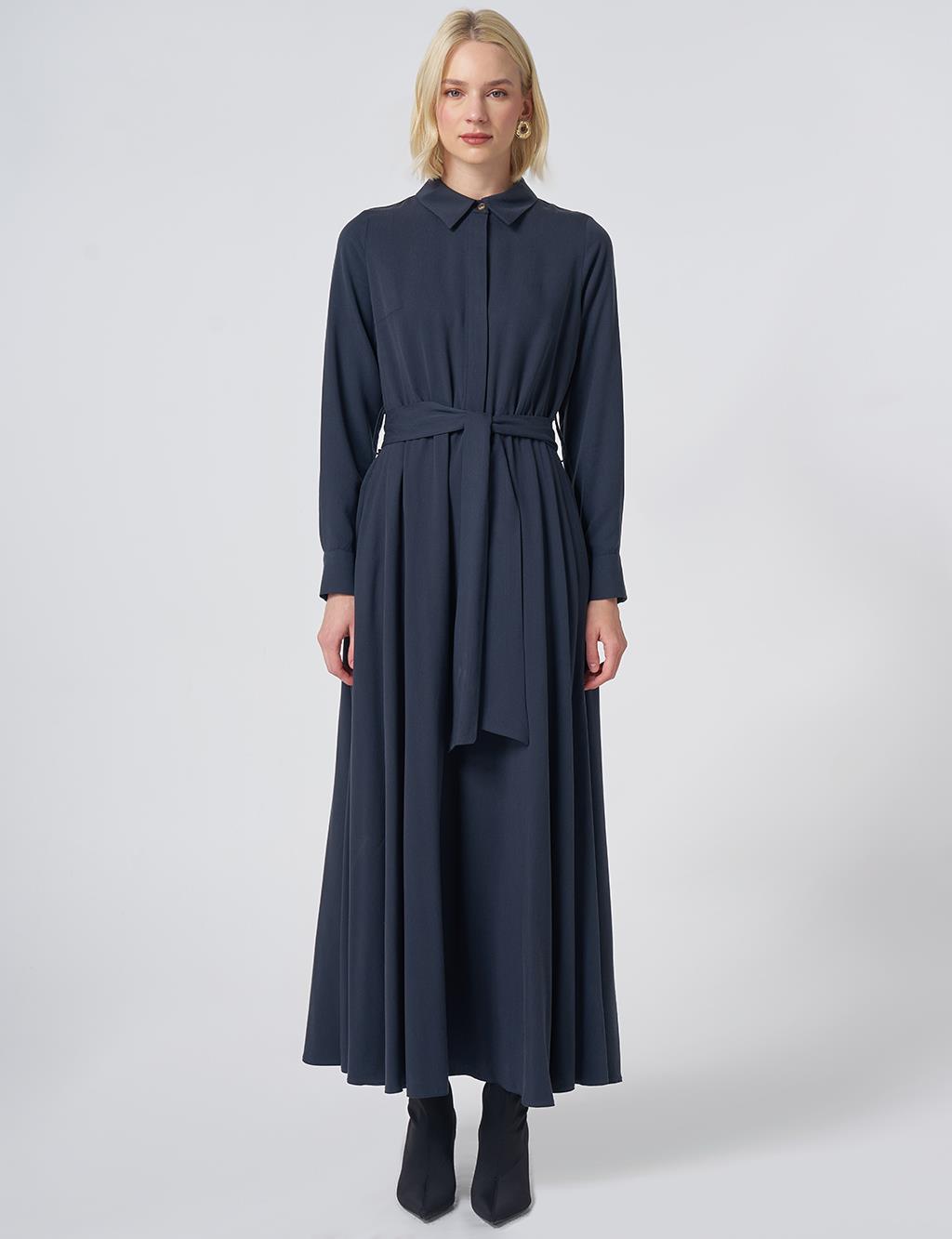 100% Lyocell Shirt-Collar Dress – Dark Navy