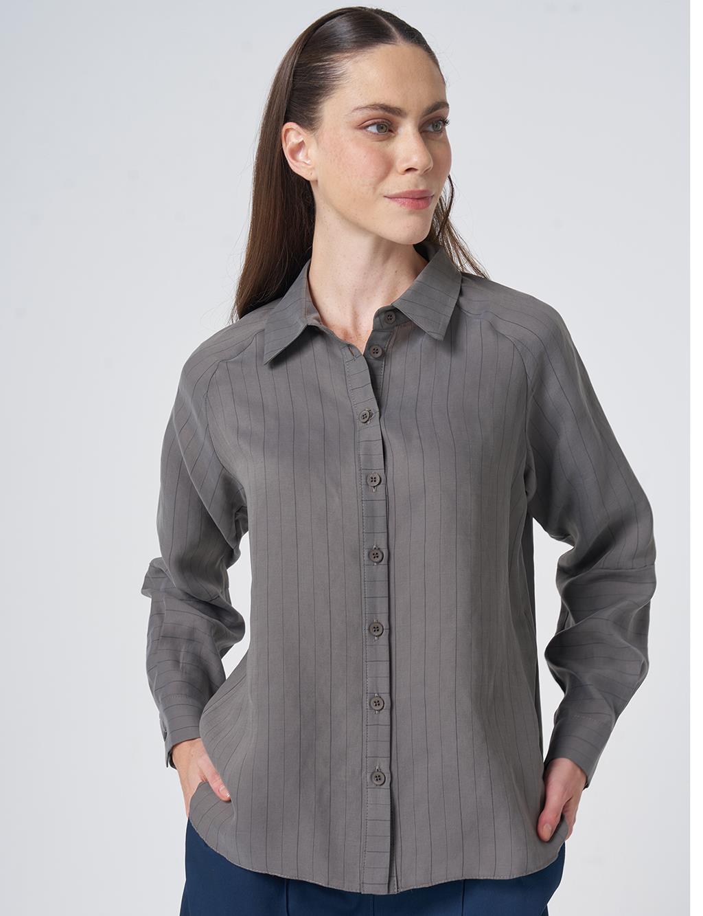 Striped Lyocell Blouse – Dark Mink