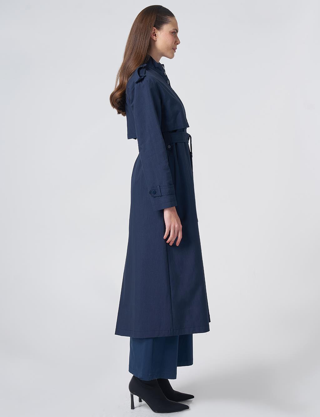 Stand Collar Trench Coat – Dark Navy