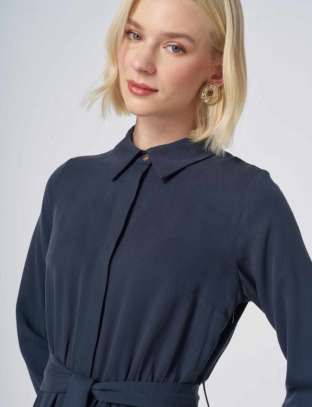 100% Lyocell Shirt-Collar Dress – Dark Navy