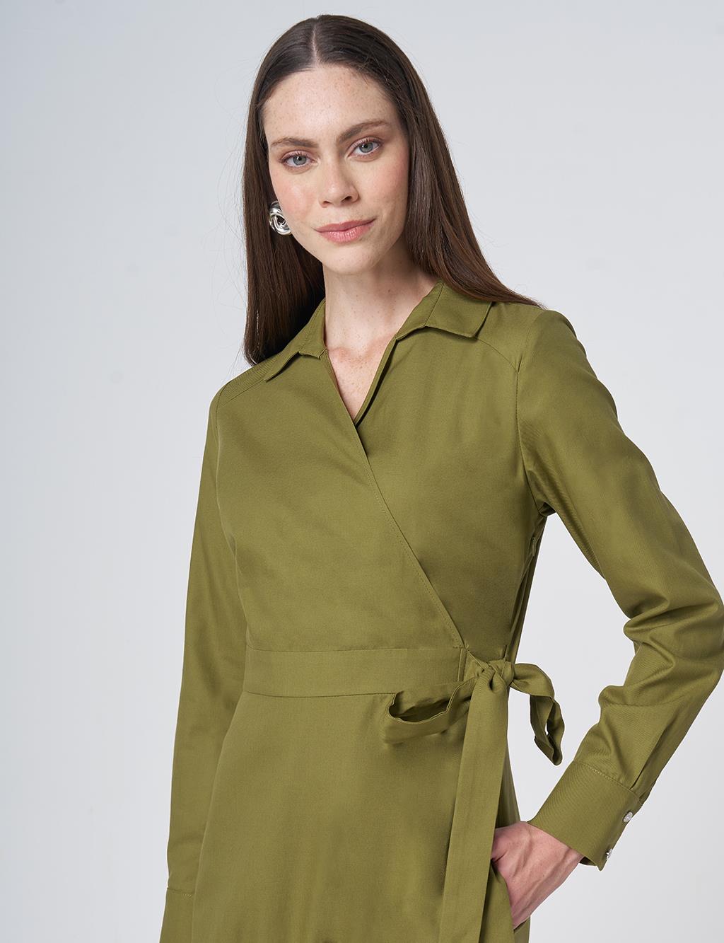 Wrap Tie Cotton-Lyocell Dress – Dark Matcha Green