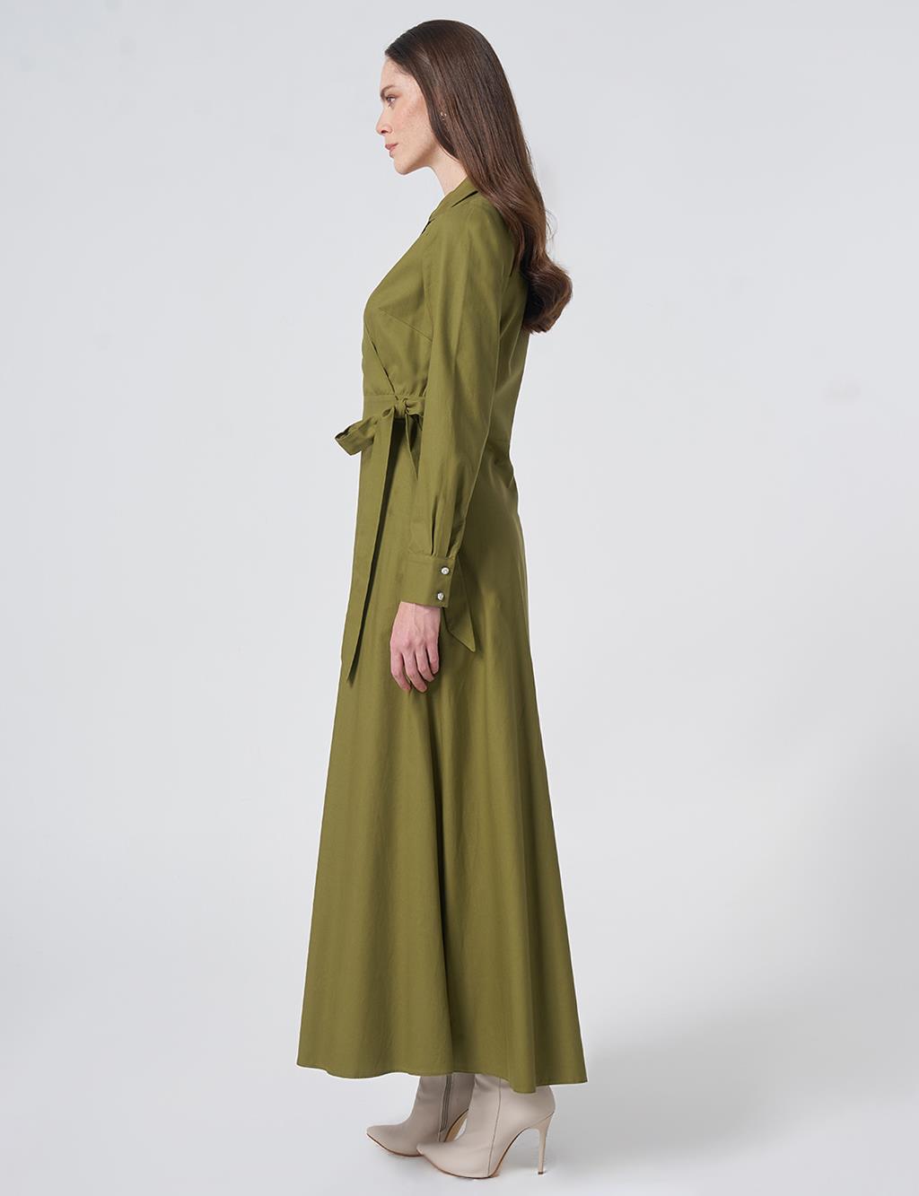 Wrap Tie Cotton-Lyocell Dress – Dark Matcha Green