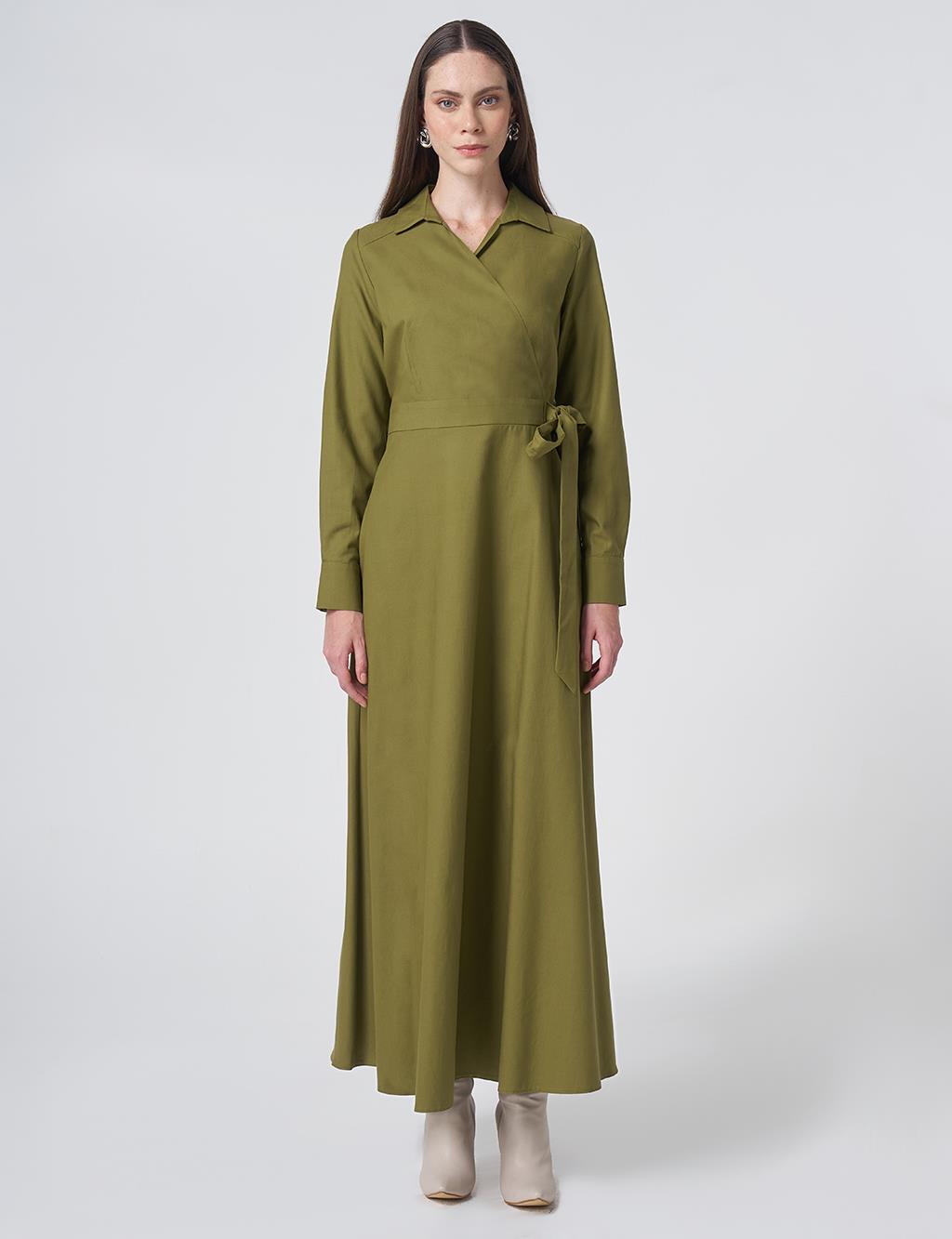 Wrap Tie Cotton-Lyocell Dress – Dark Matcha Green