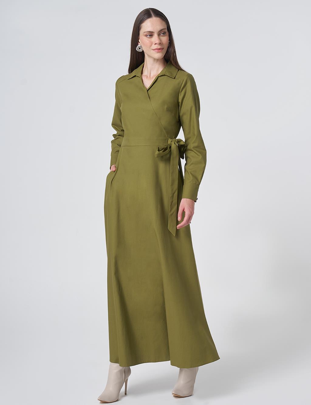 Wrap Tie Cotton-Lyocell Dress – Dark Matcha Green